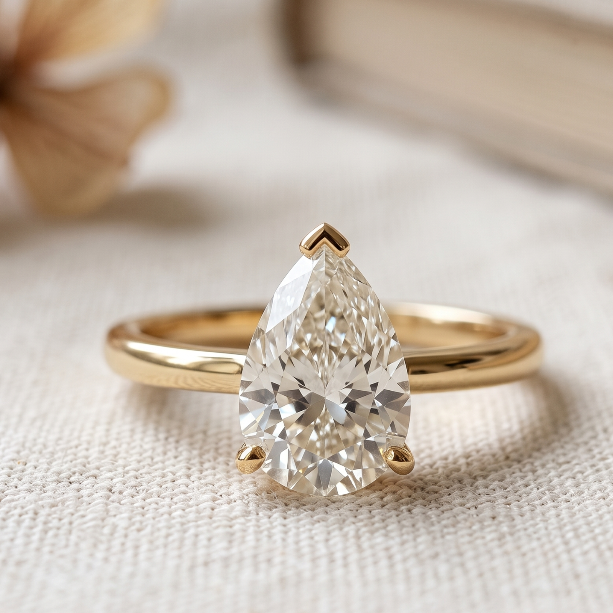 Kiashaa Jewellery 0.76 CT pear solitaire diamond ring in polished yellow gold.