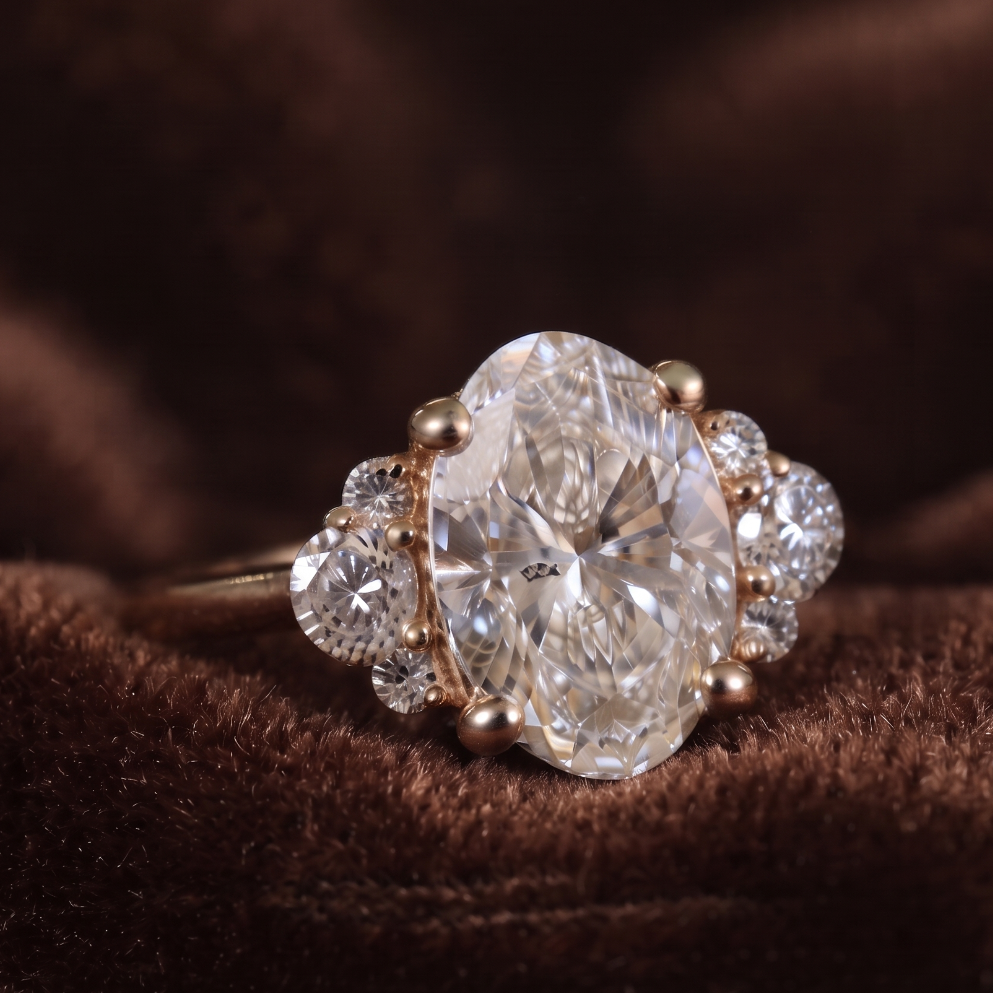 An oval-cut diamond ring with a rose gold setting, accented by smaller round diamonds, resting on a textured brown velvet surface.