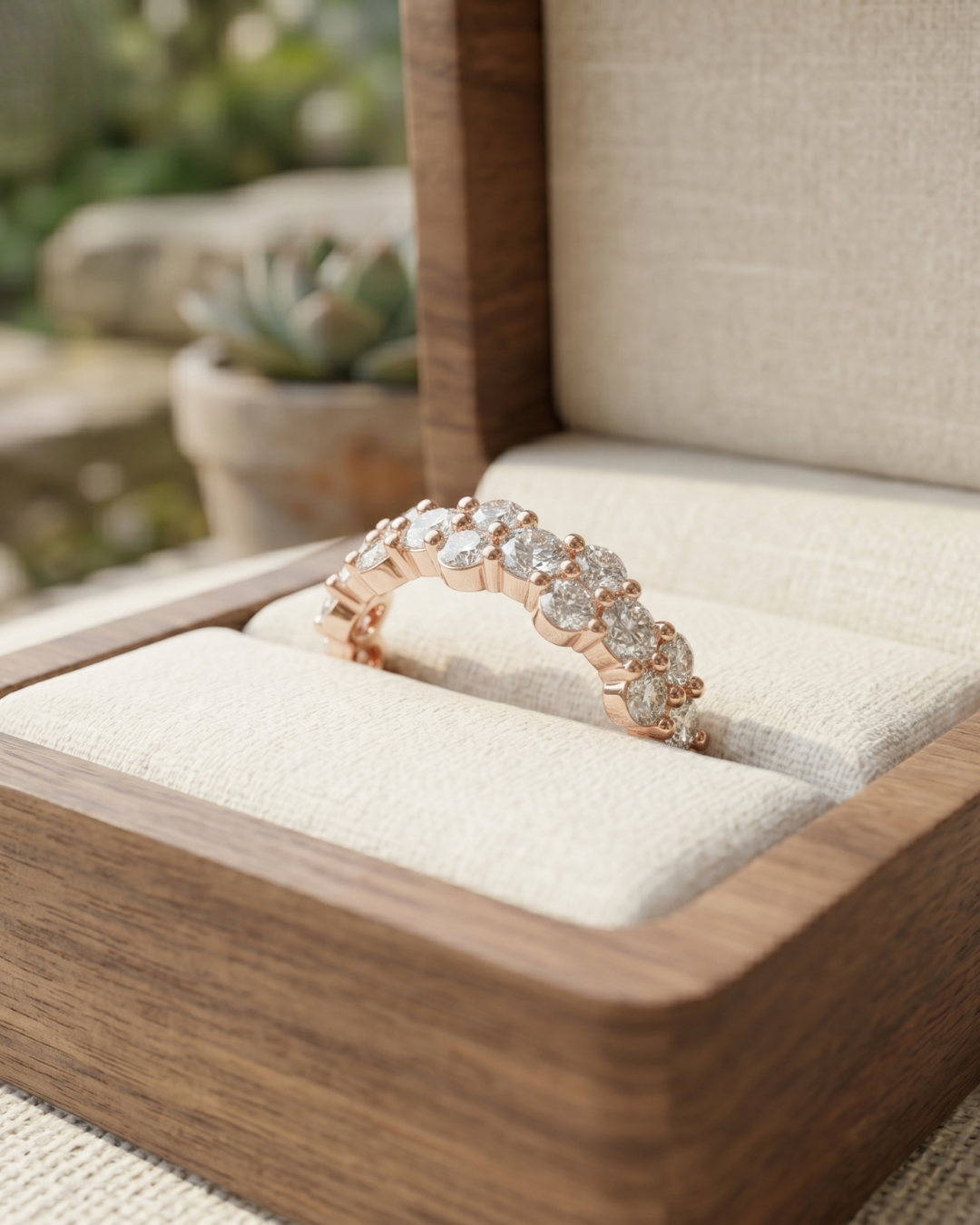 Kiashaa Jewellery 1 carat round diamond band in rose gold with prong-set lab-grown diamond clusters