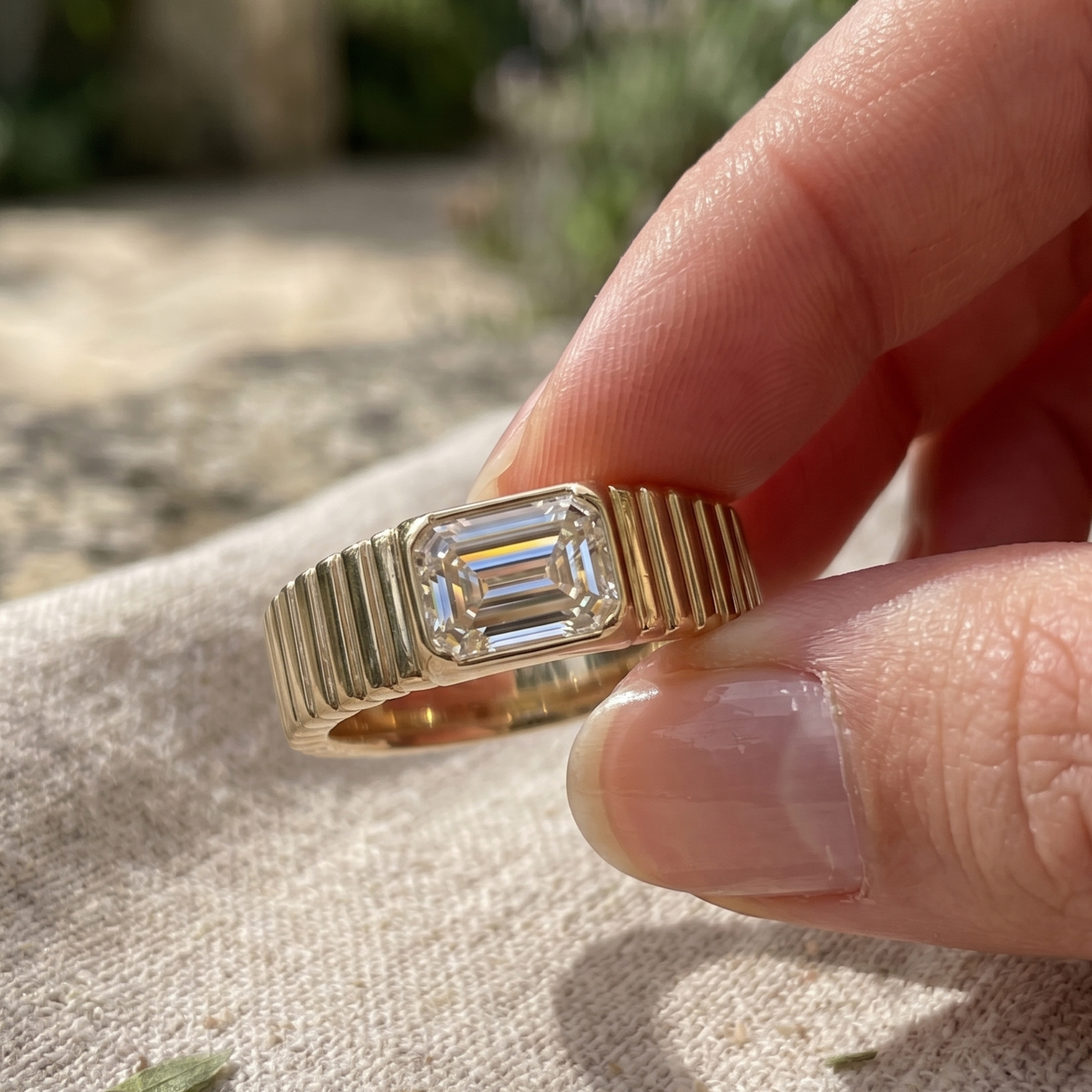 A gold ring with a rectangular baguette-cut clear gemstone, held between fingers against a soft-focus outdoor background.