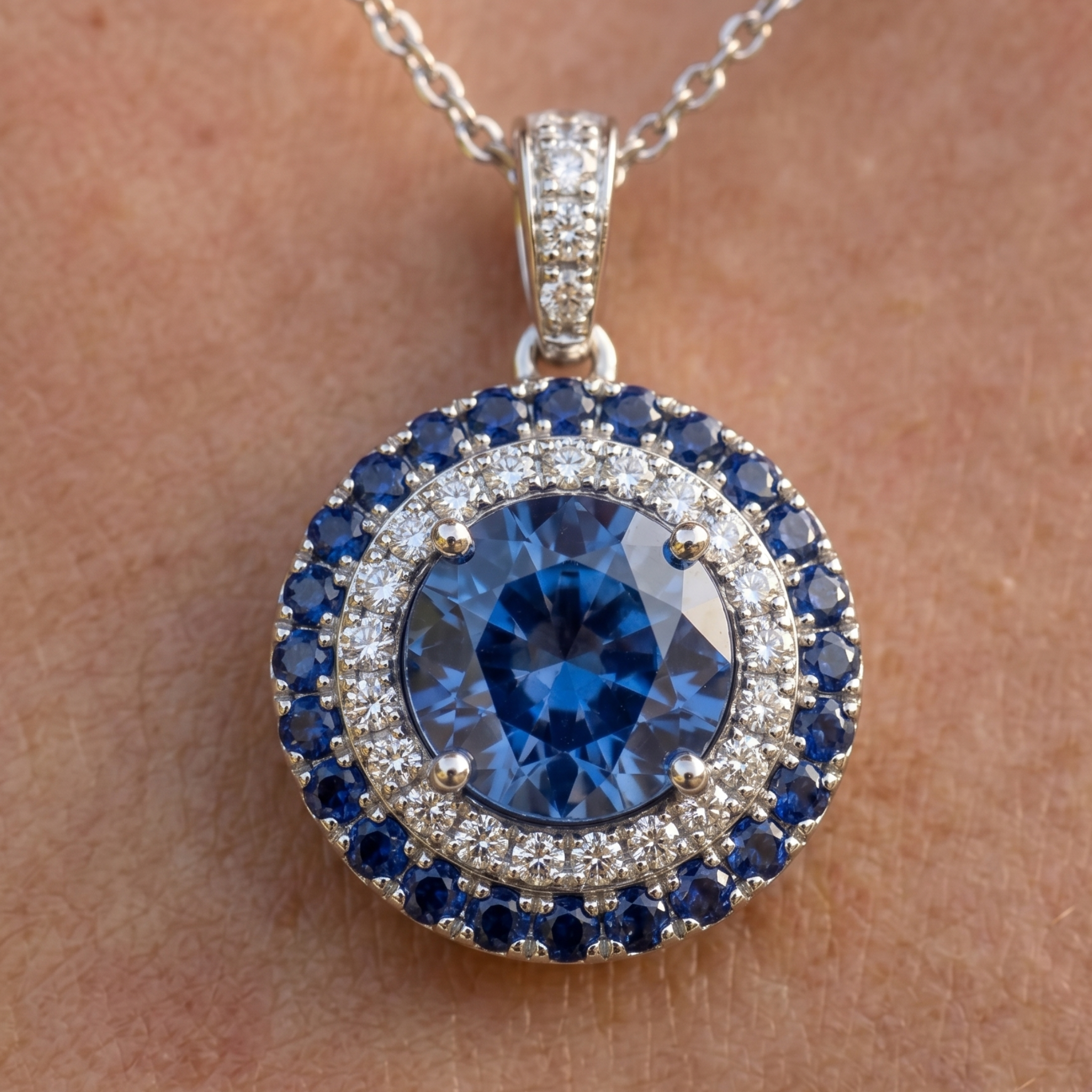 A round pendant necklace with a large blue center stone, surrounded by a halo of small clear stones and a border of deep blue stones, shown resting on skin.