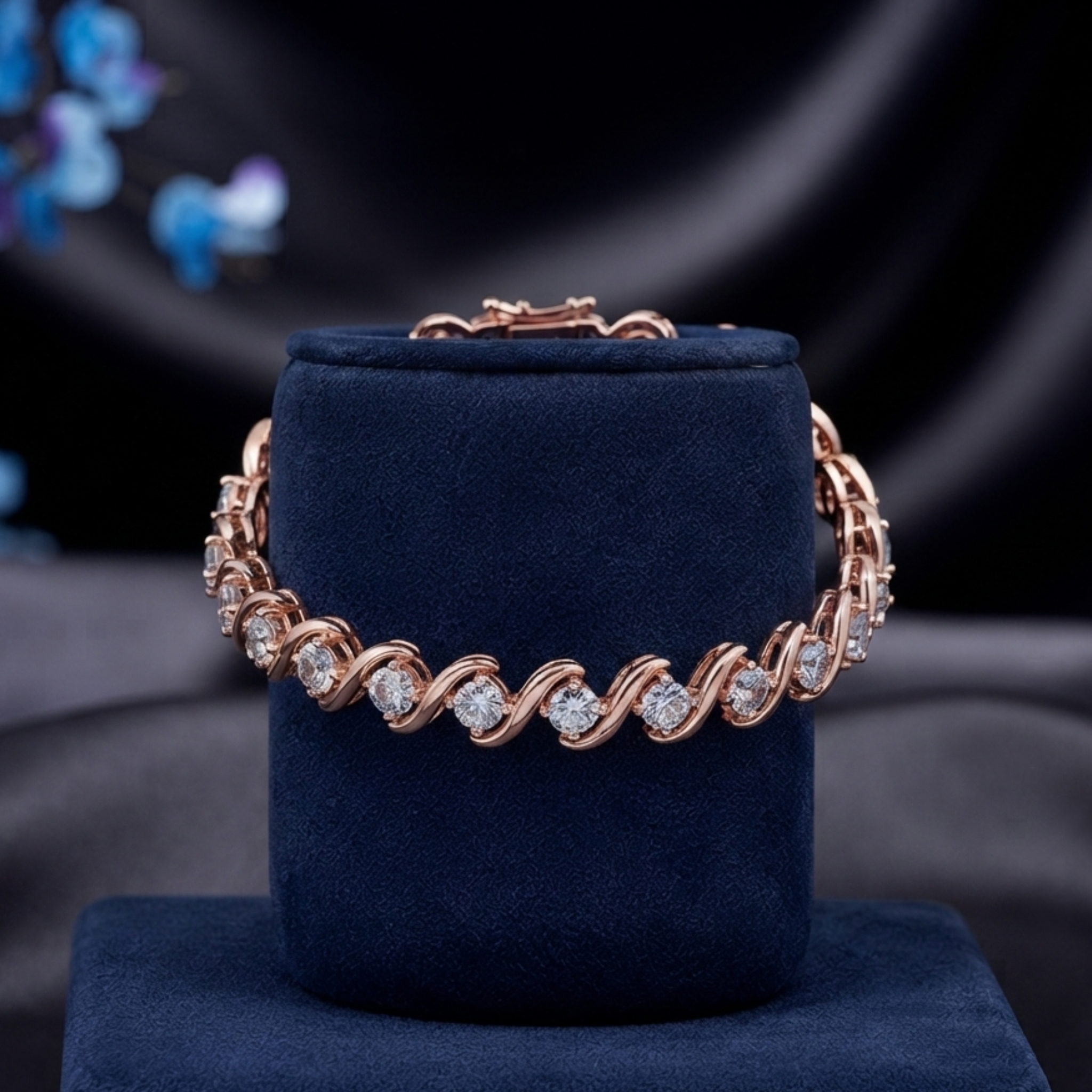 A rose gold tennis bracelet with clear round-cut gemstones, displayed on a dark blue velvet jewelry stand against a dark draped background.