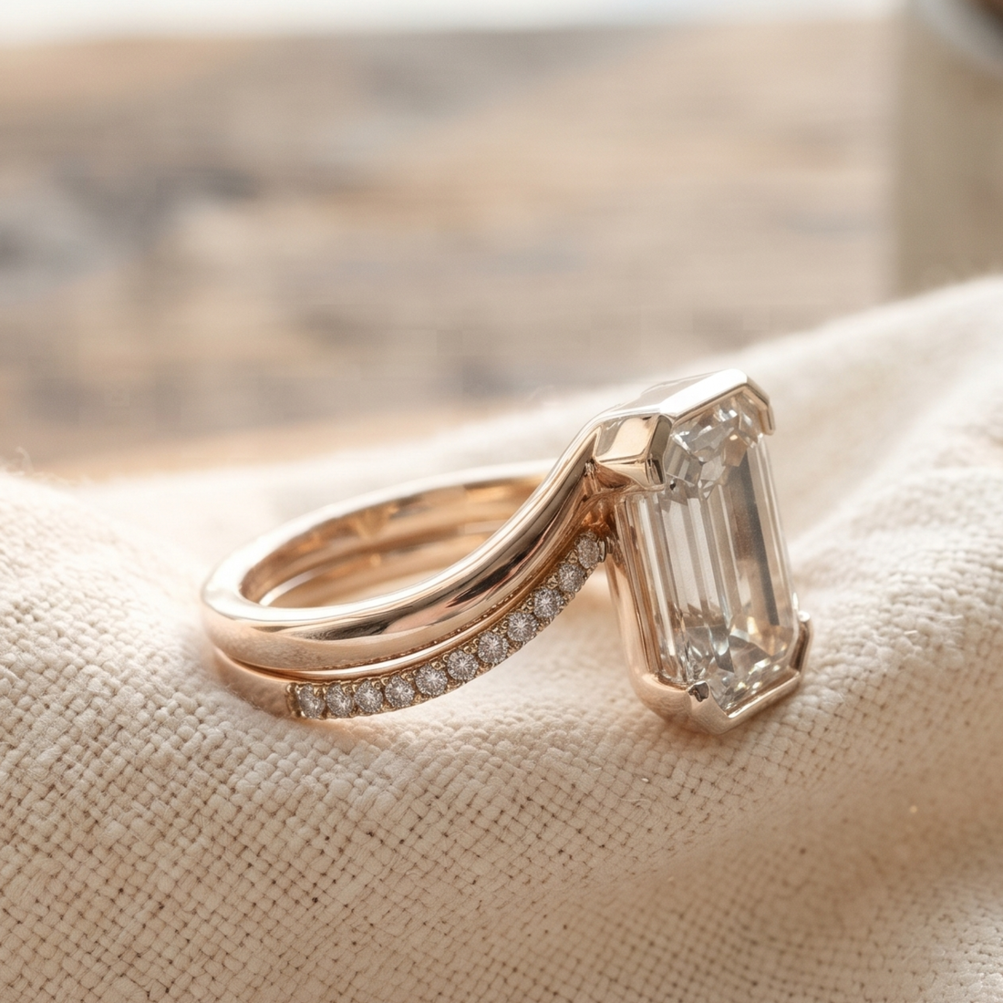 2 CT Emerald-Cut Diamond Bypass Ring with Pavé Accents in 14K & 18K Gold