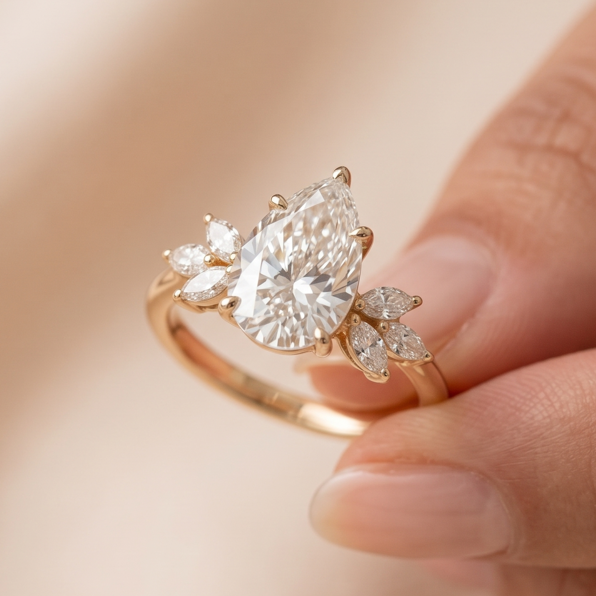 8 × 6 mm pear diamond floral engagement ring by Kiashaa Jewellery