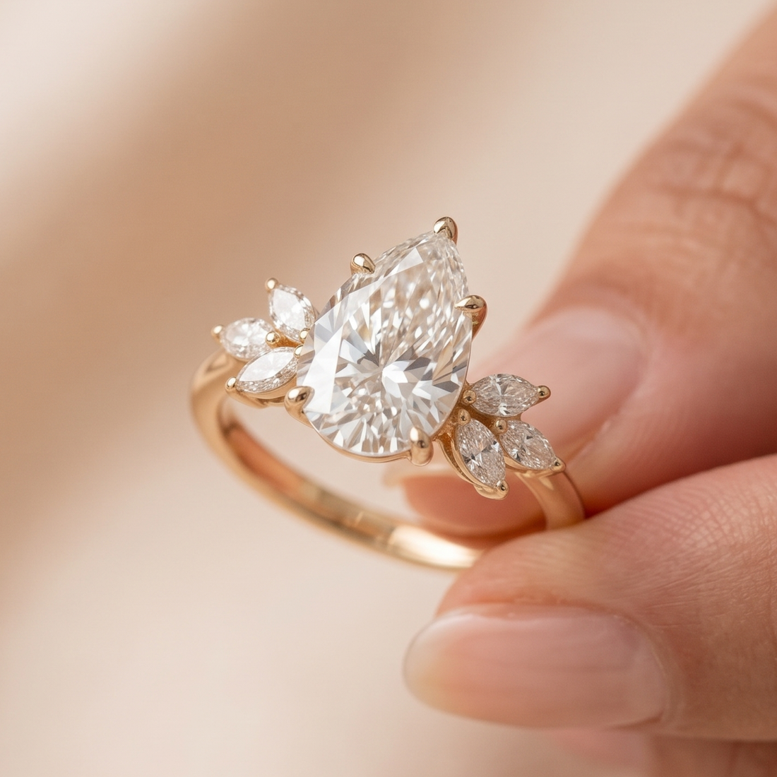 8 × 6 mm pear diamond floral engagement ring by Kiashaa Jewellery