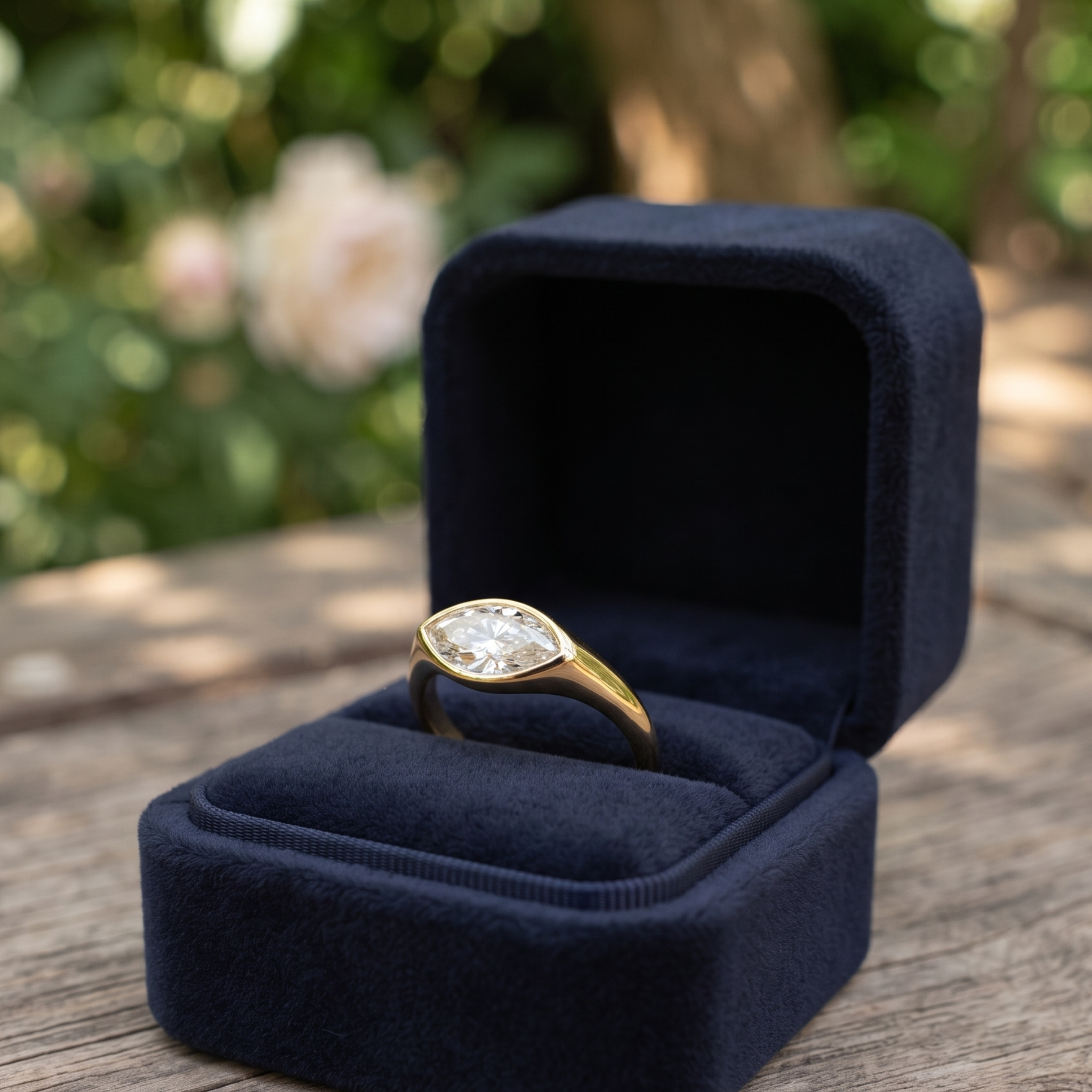 Kiashaa Jewellery 1.76 CT marquise bezel diamond ring in polished yellow gold.