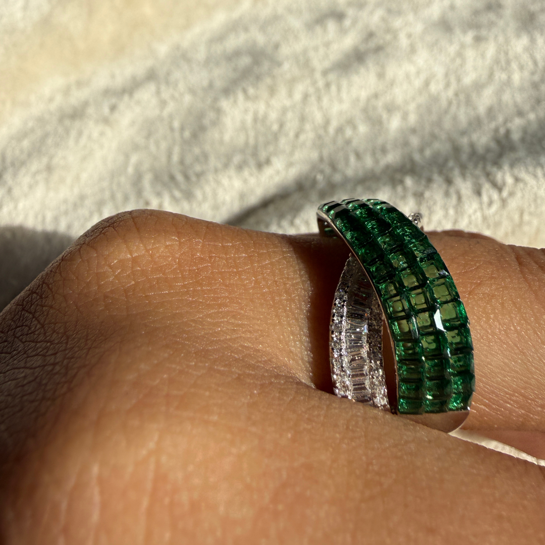 Green CZ and lab-grown diamond bypass statement ring by Kiashaa Jewellery.