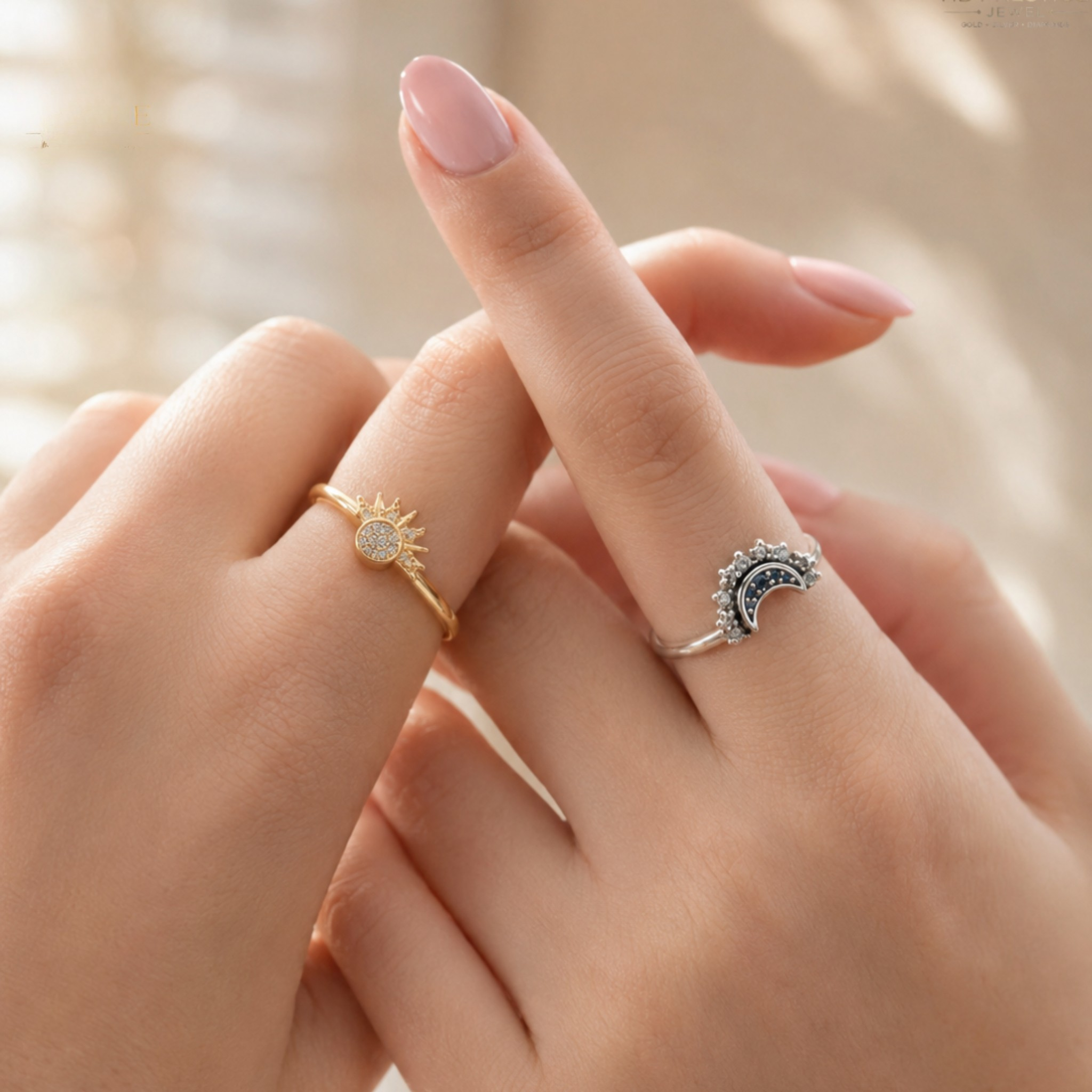 Two delicate rings worn on a person's fingers: a gold ring with a sun face and a small clear stone, and a silver ring with a crescent moon face and dark stones. The hands have light pink manicured nails, and the background is a soft, warm beige with blurred light patterns.