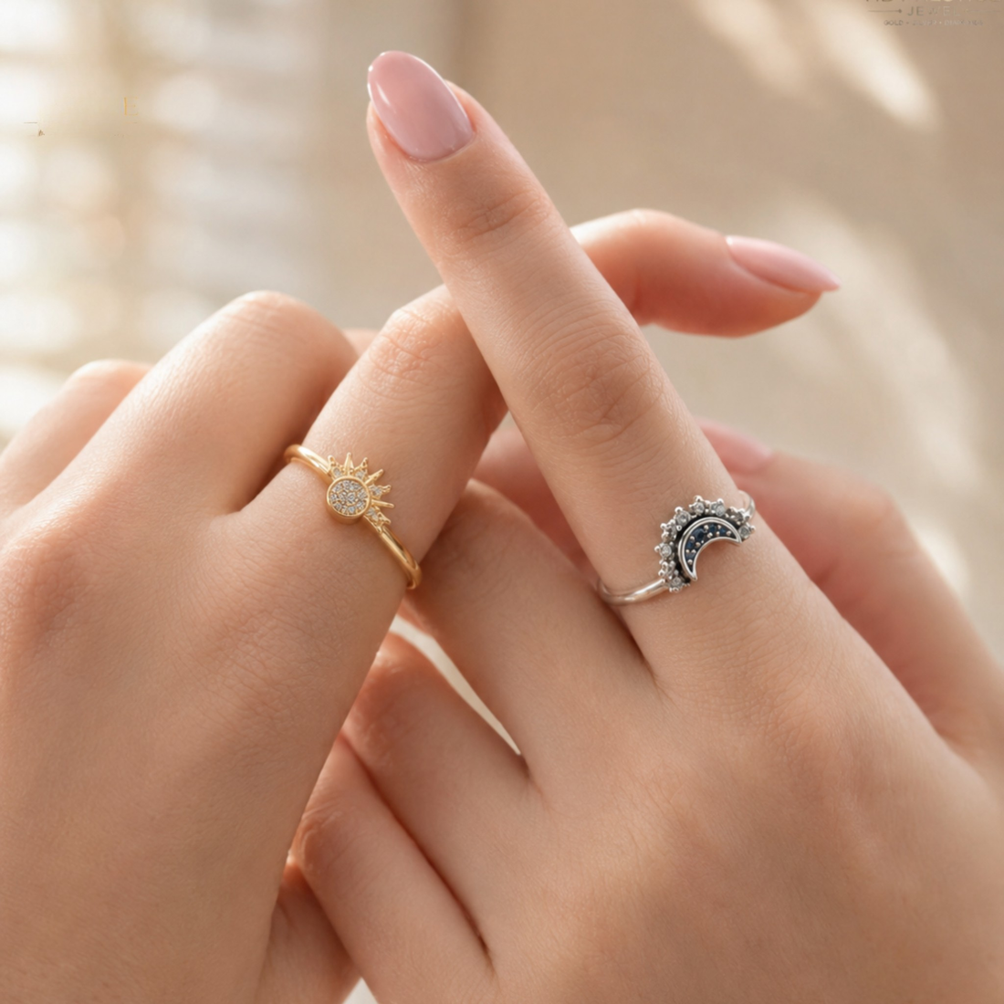 Two delicate rings worn on a person's fingers: a gold ring with a sun face and a small clear stone, and a silver ring with a crescent moon face and dark stones. The hands have light pink manicured nails, and the background is a soft, warm beige with blurred light patterns.