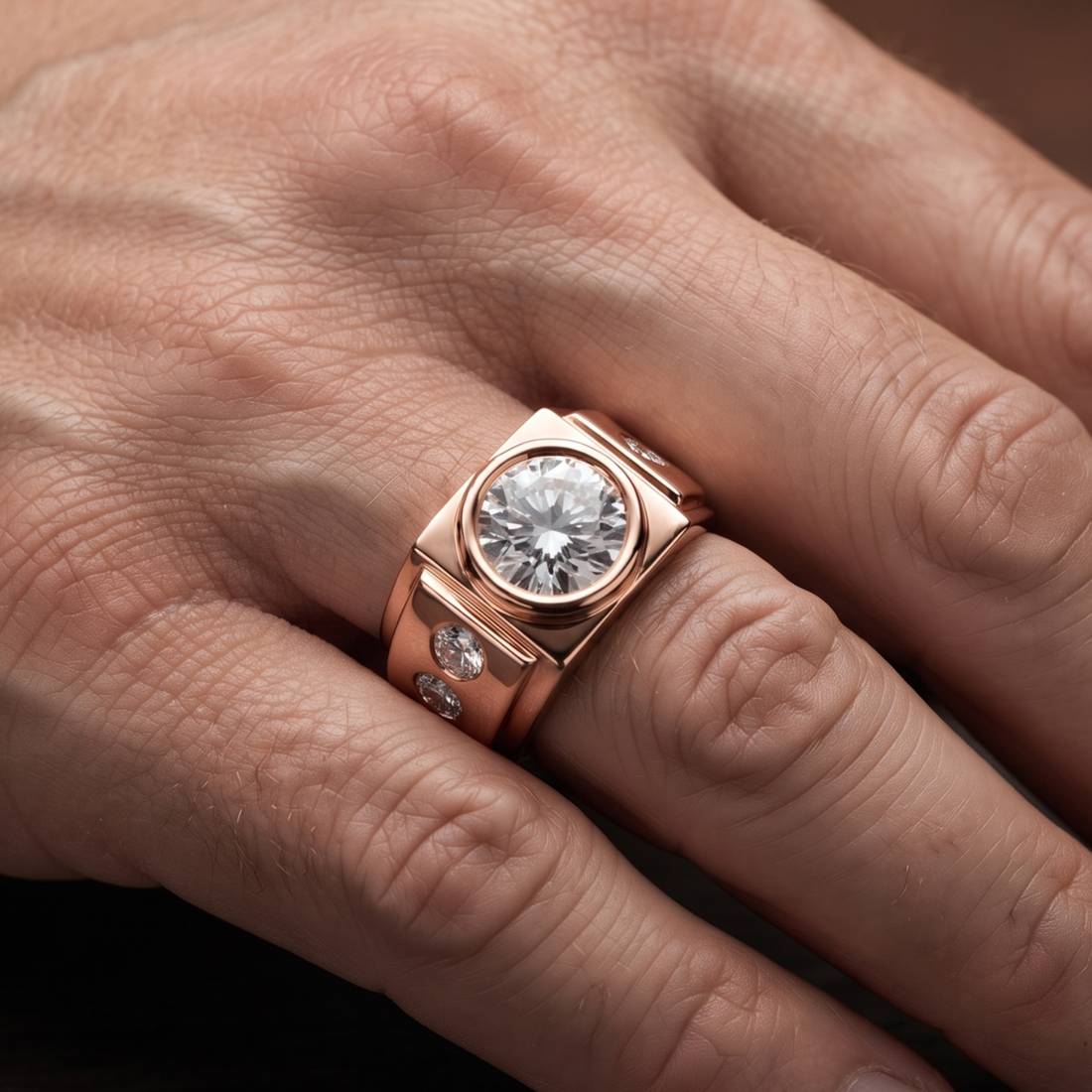 A close-up of a hand wearing a rose gold ring with a large round clear gemstone and smaller side stones.