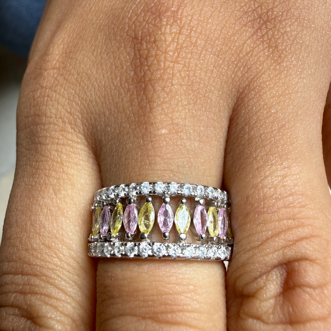 Pastel marquise gemstone and lab-grown diamond band ring by Kiashaa Jewellery.