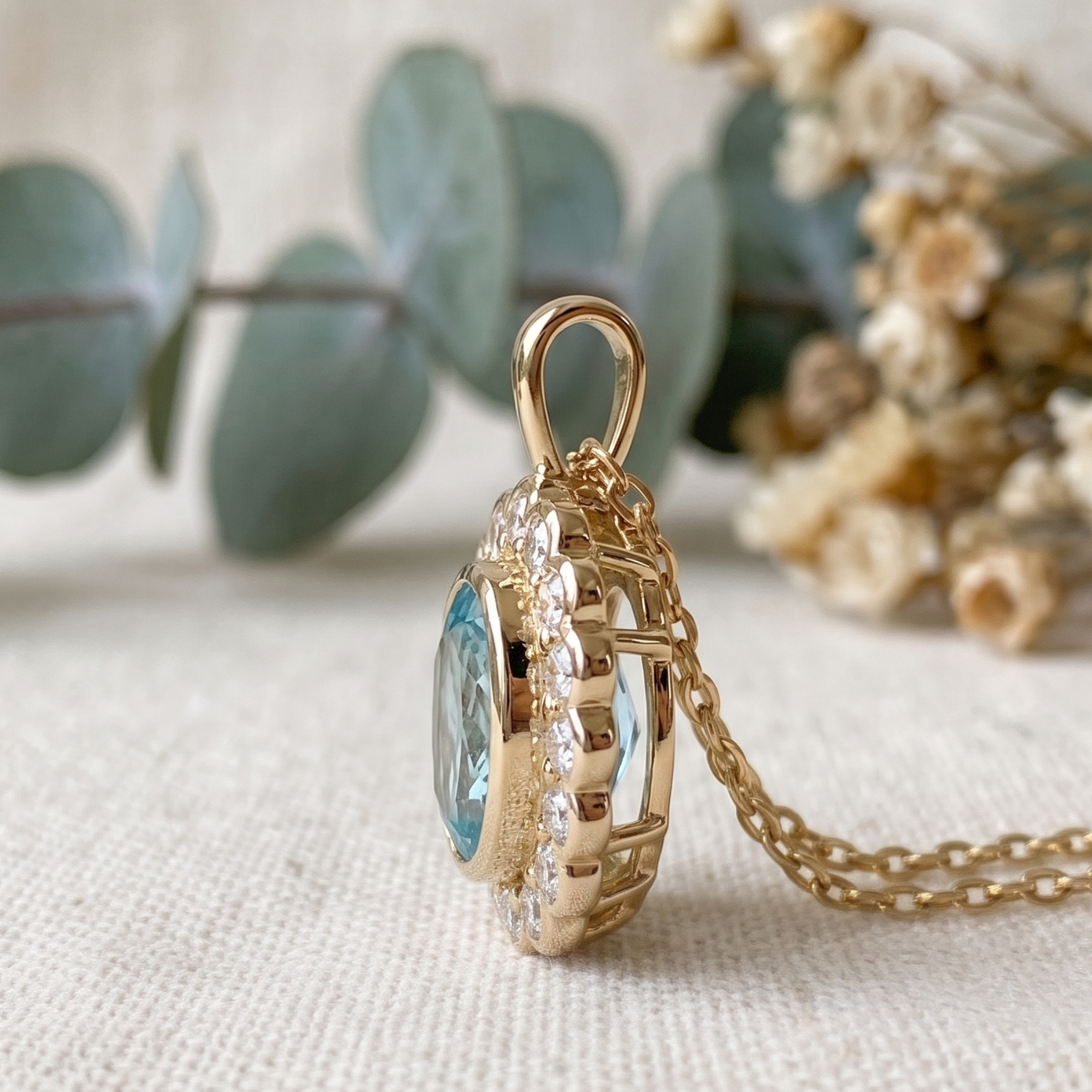 Azure Bloom 1.24 CTW Oval Blue Gemstone Halo Pendant Necklace in 9K, 14K & 18K Gold