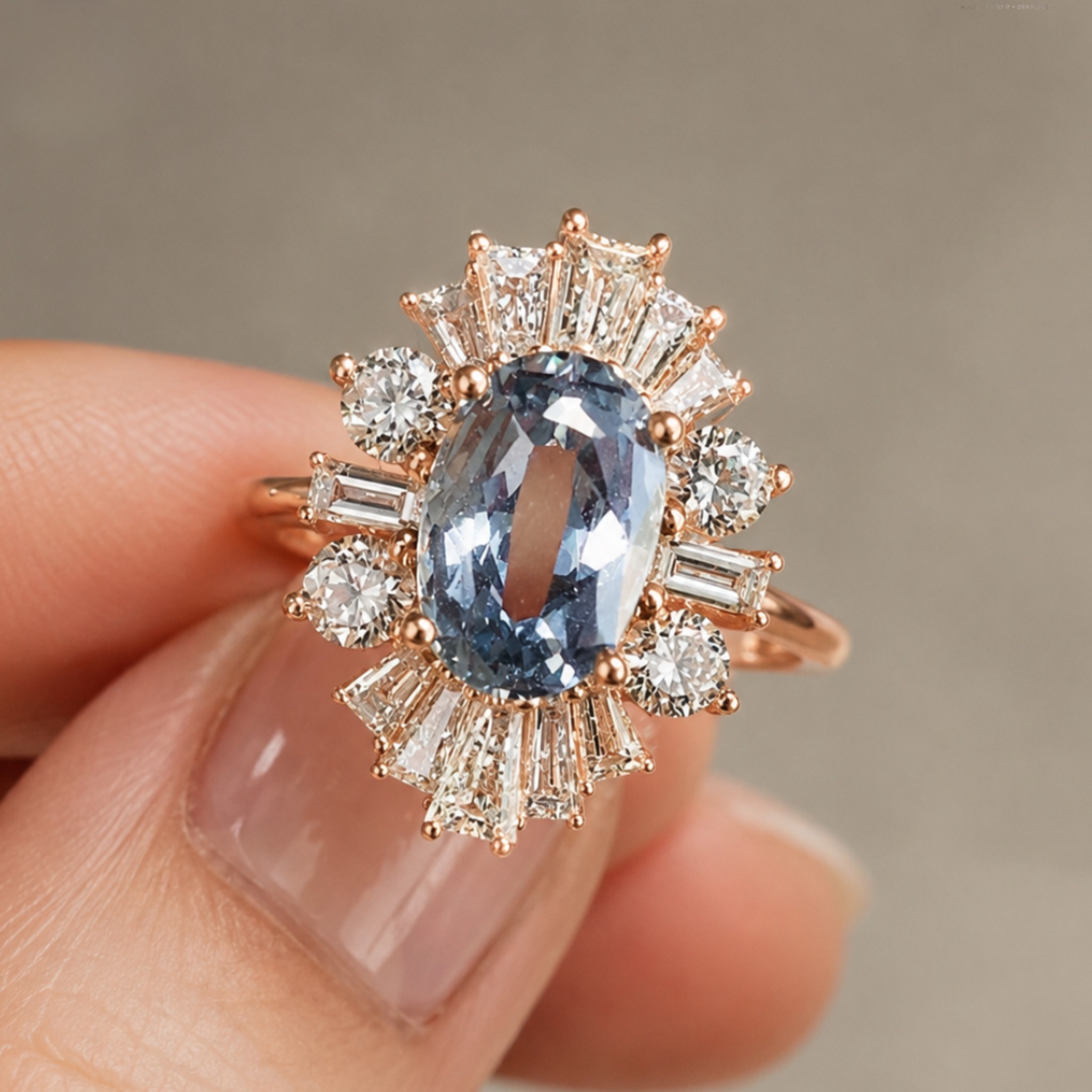 A rose gold ring featuring an oval-cut light blue sapphire center stone surrounded by a halo of clear baguette and round-cut diamonds, shown being worn on a person's finger.