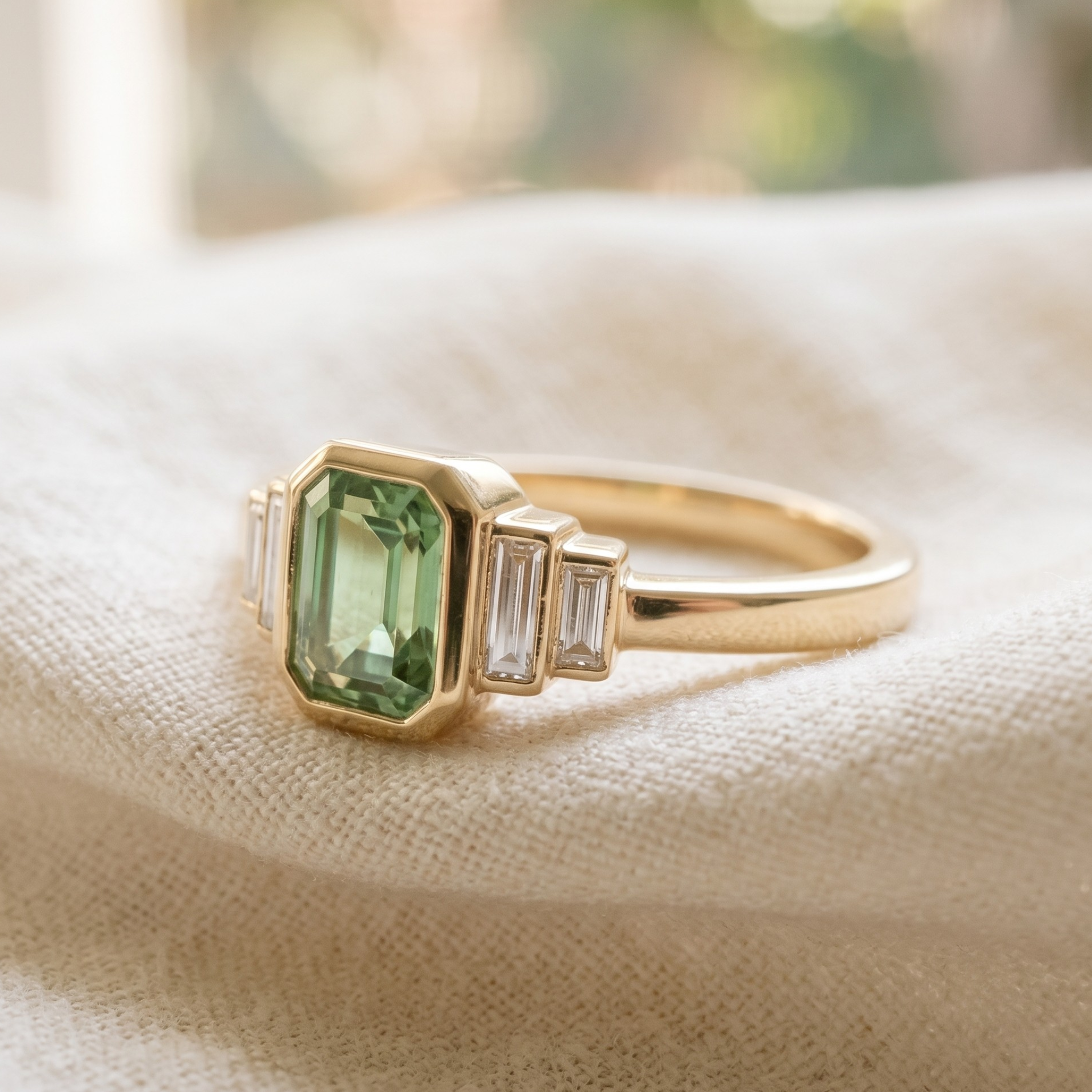 Kiashaa Jewellery 2.13 CTW green emerald and baguette diamond ring in polished yellow gold.