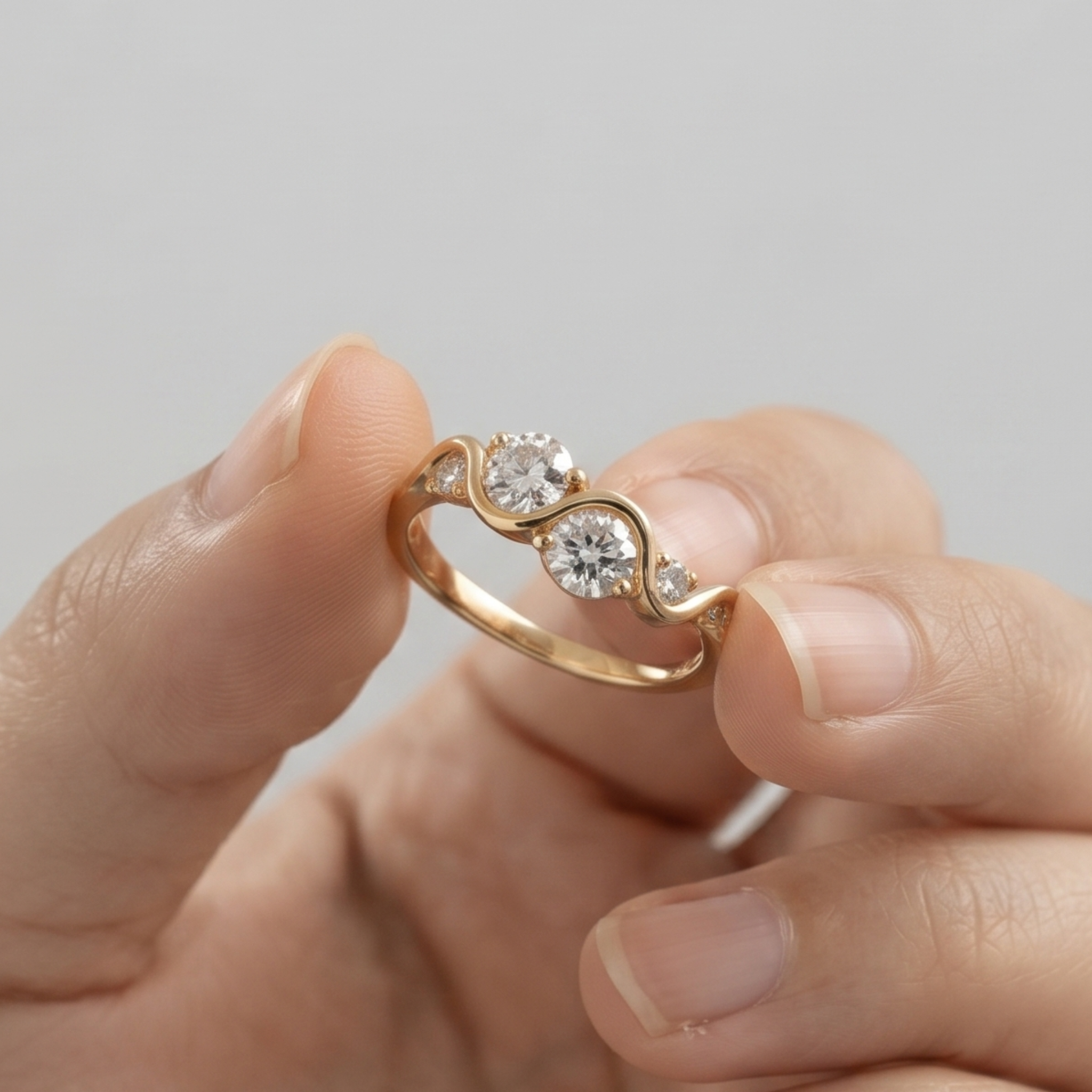 A close-up of a hand holding a gold ring with two round-cut clear center stones and small side stones, photographed against a soft light gray background.