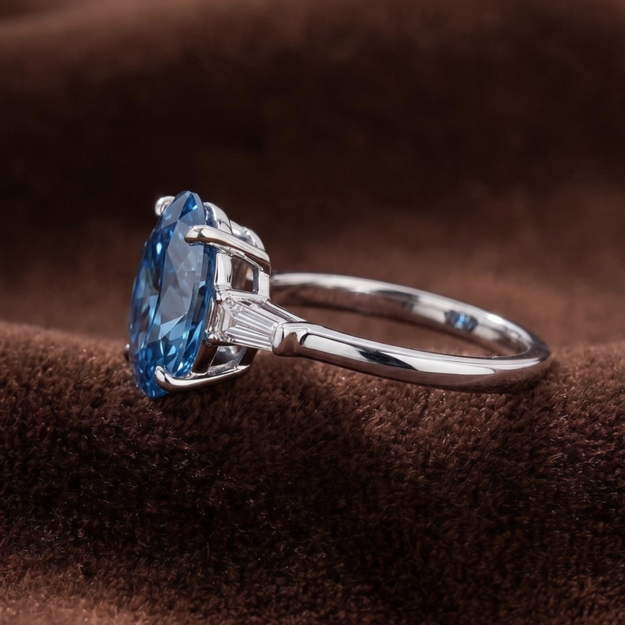 A silver ring featuring a large oval-cut blue gemstone in a prong setting, accented with small baguette-cut side stones, resting on a textured brown fabric background.