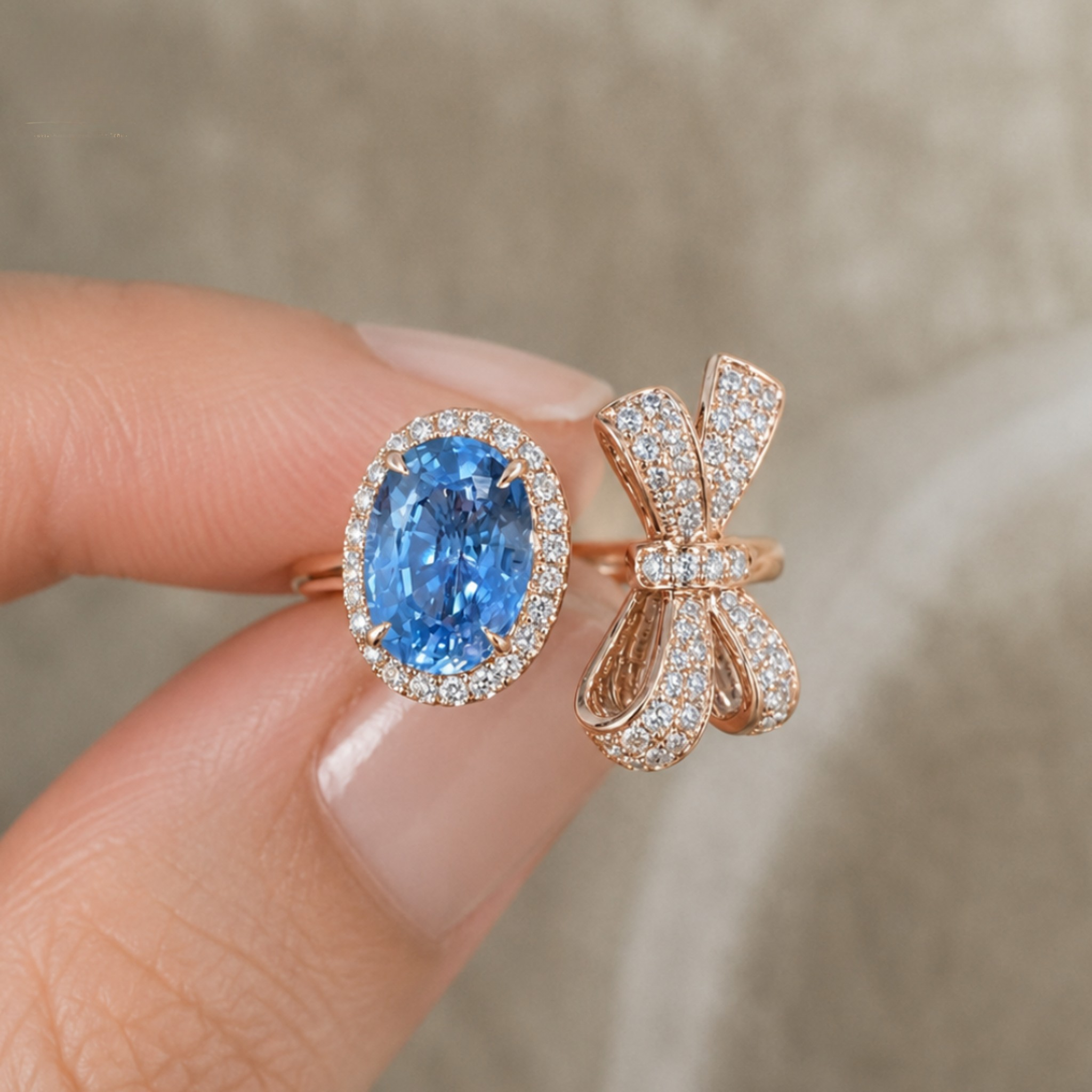 Two rings held between fingers: one oval blue gemstone halo ring and one rose gold bow-shaped pavé ring, against a soft beige background.