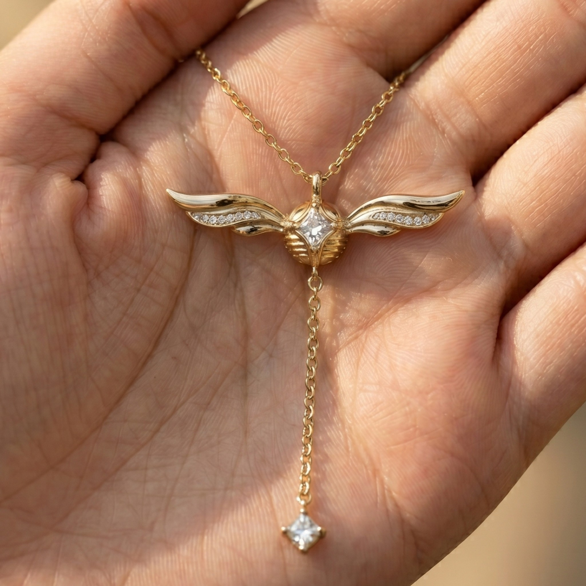A gold-toned winged pendant necklace with a dangling charm, displayed on an open hand. The pendant features small clear stones on the wings and a central stone, with a matching stone hanging at the bottom.