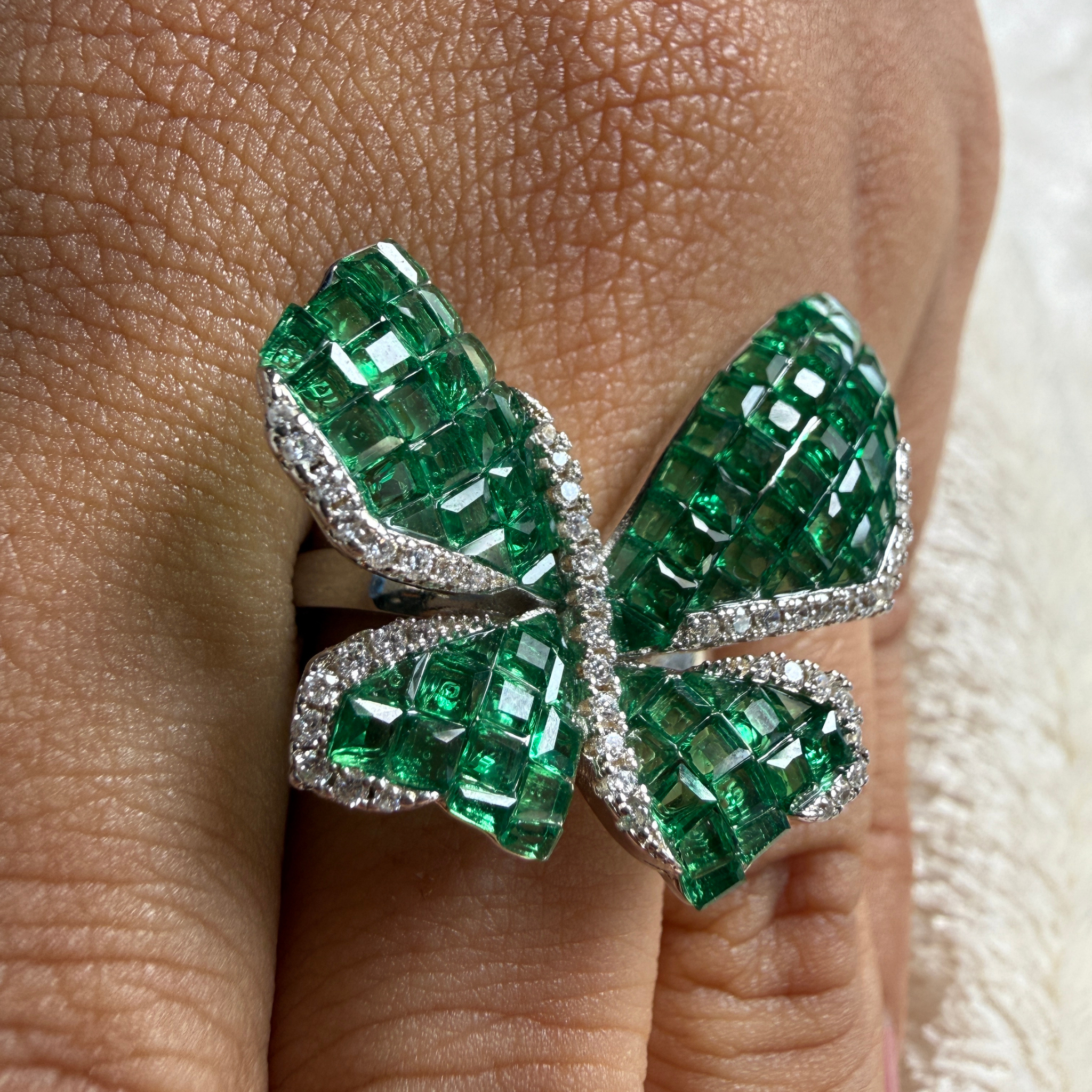 Green CZ butterfly and lab-grown diamond statement ring by Kiashaa Jewellery.