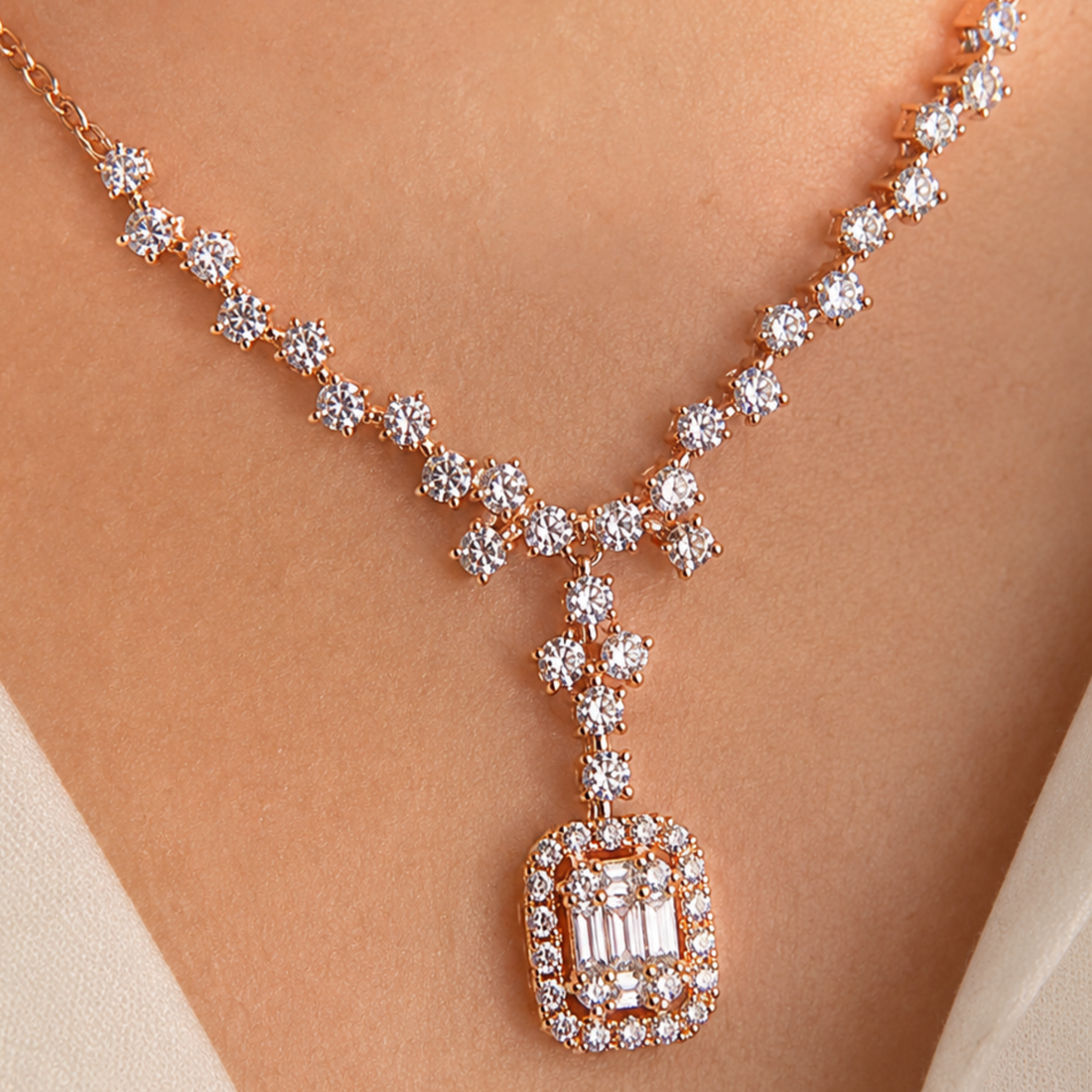 A close-up of a rose gold necklace with clear baguette and round-cut stones, worn on a model's neck. The necklace features a Y-shaped chain with floral clusters leading to a rectangular pendant with a central baguette diamond surrounded by a halo.