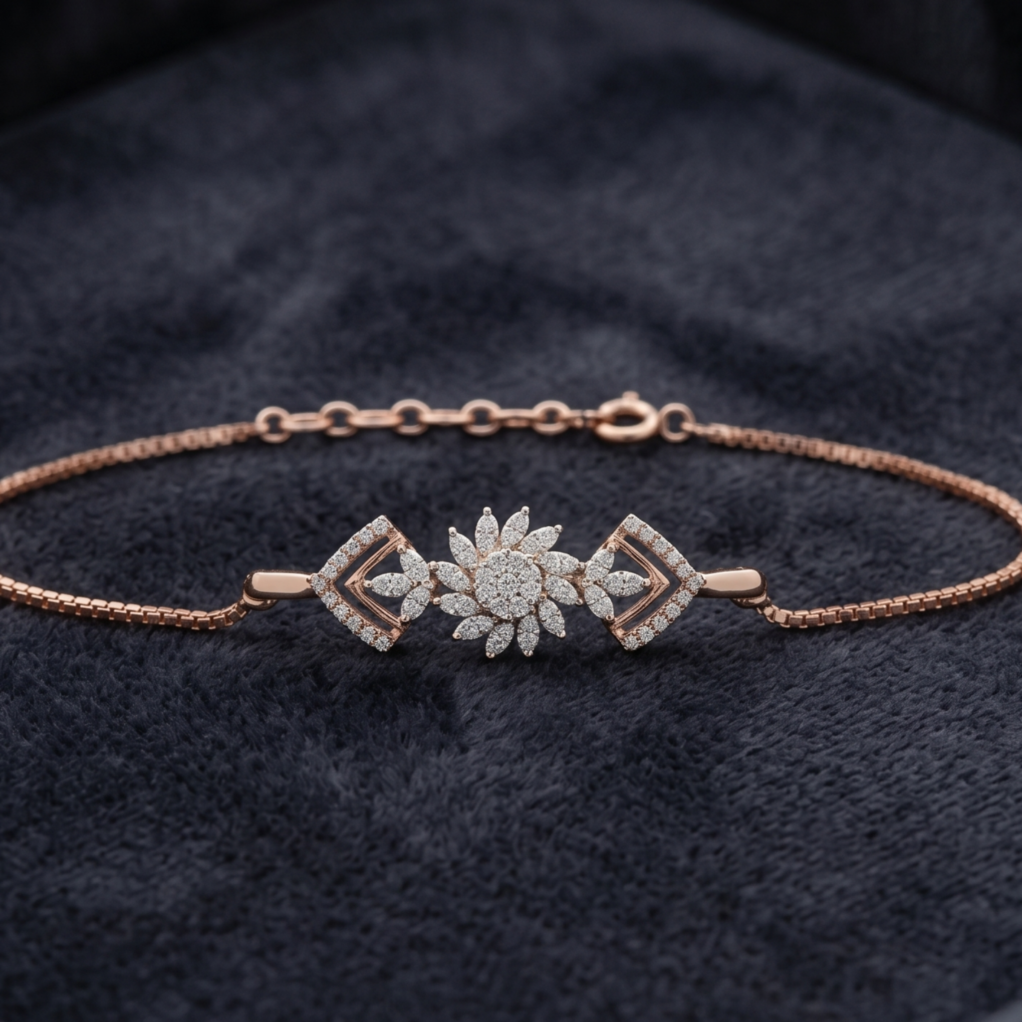 2 CT marquise and round diamond floral bracelet by Kiashaa Jewellery worn on a woman’s wrist.