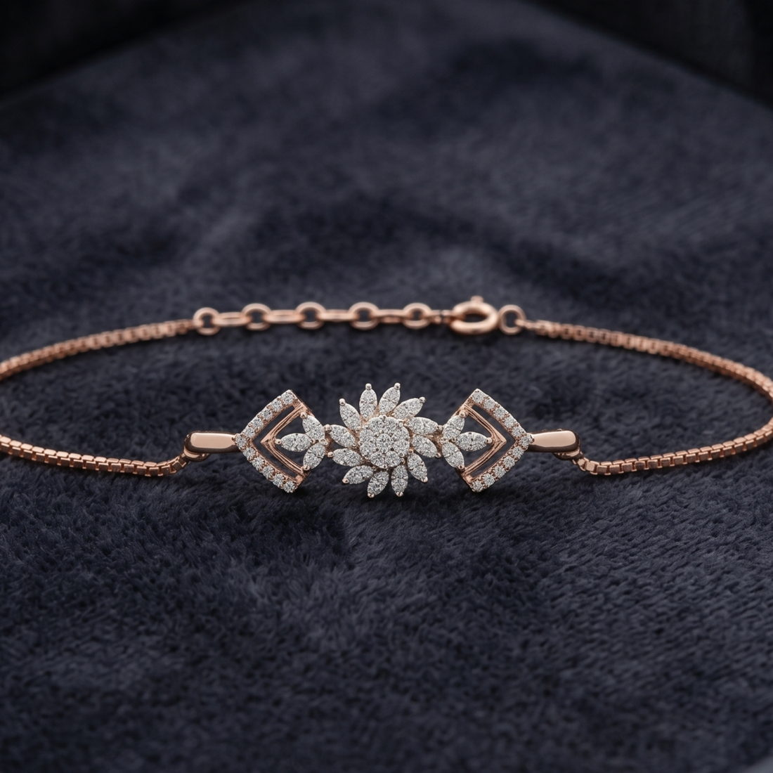 2 CT marquise and round diamond floral bracelet by Kiashaa Jewellery worn on a woman’s wrist.