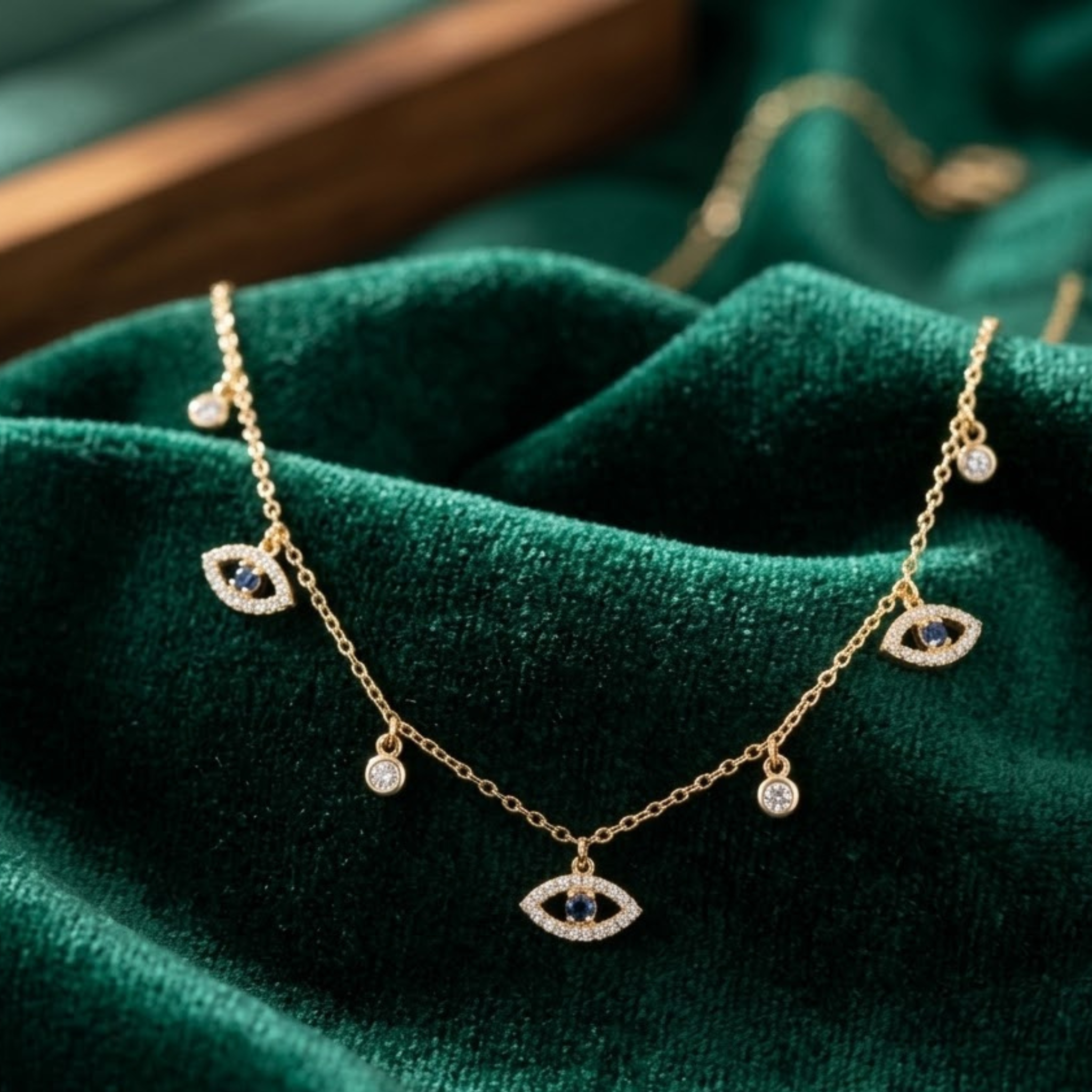 A delicate gold chain necklace with multiple evil eye charms and small round stone accents, displayed on a draped emerald green velvet fabric.