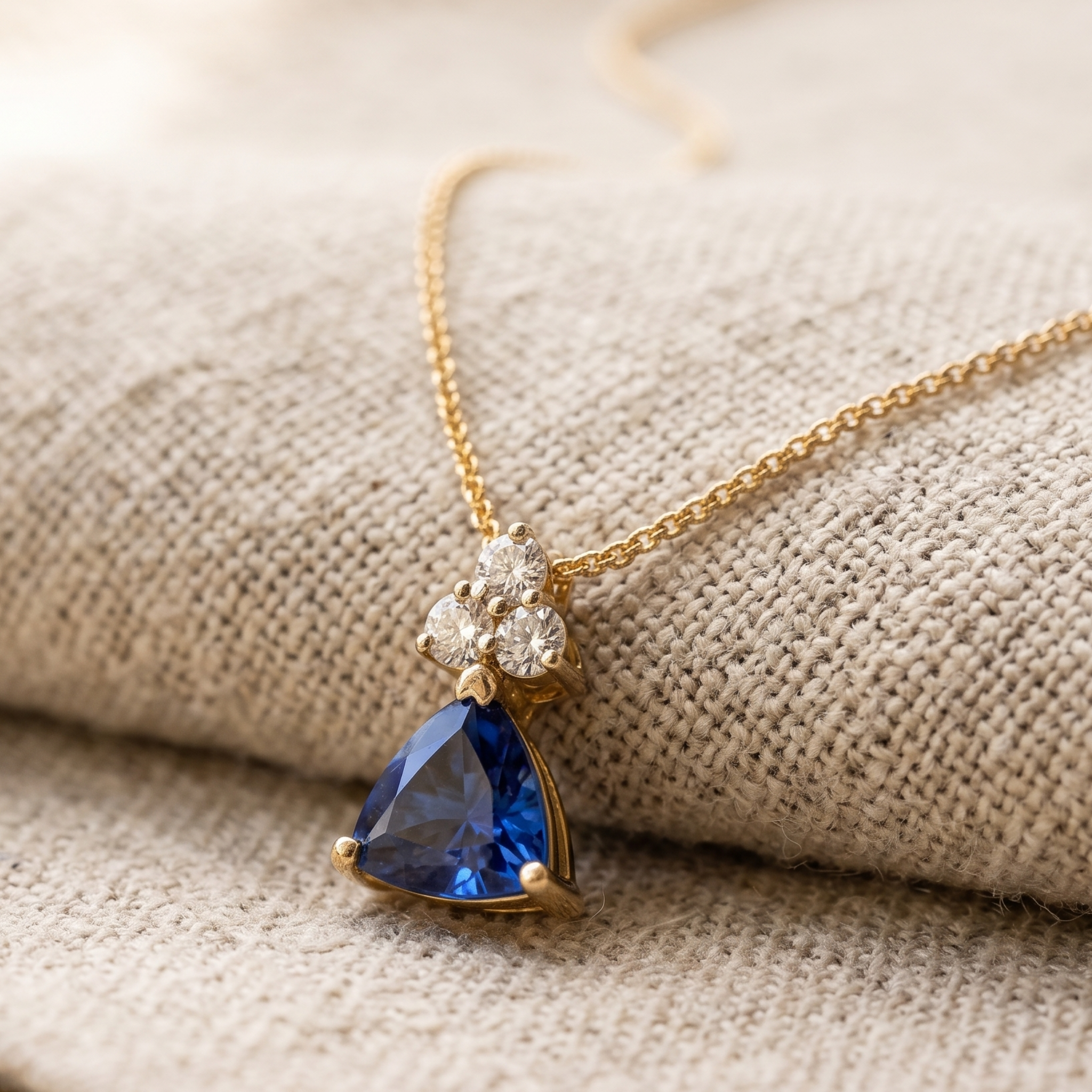 0.96 CTW blue trillion pendant necklace with a 6 mm center stone and three round diamond accents.