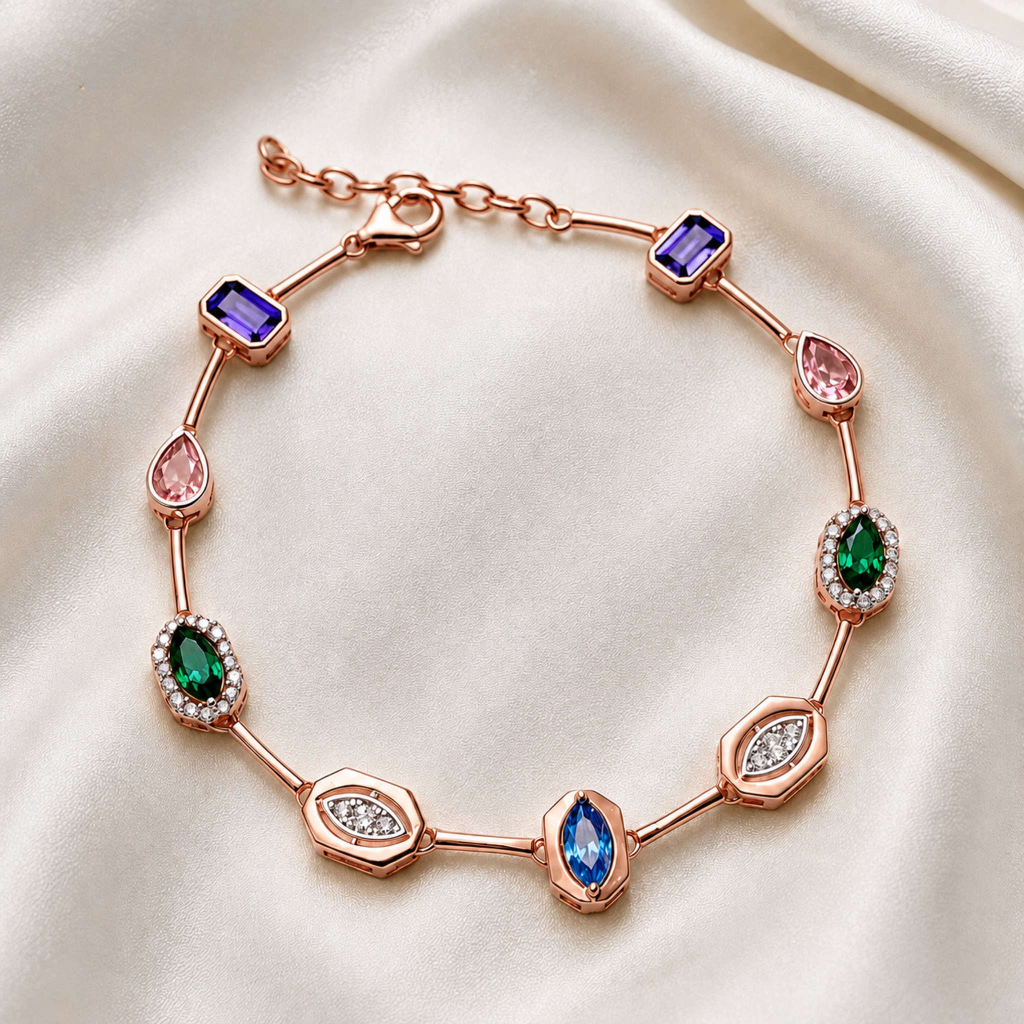 A rose gold bracelet featuring multiple colorful gemstones in various shapes, displayed on a draped cream satin fabric background.