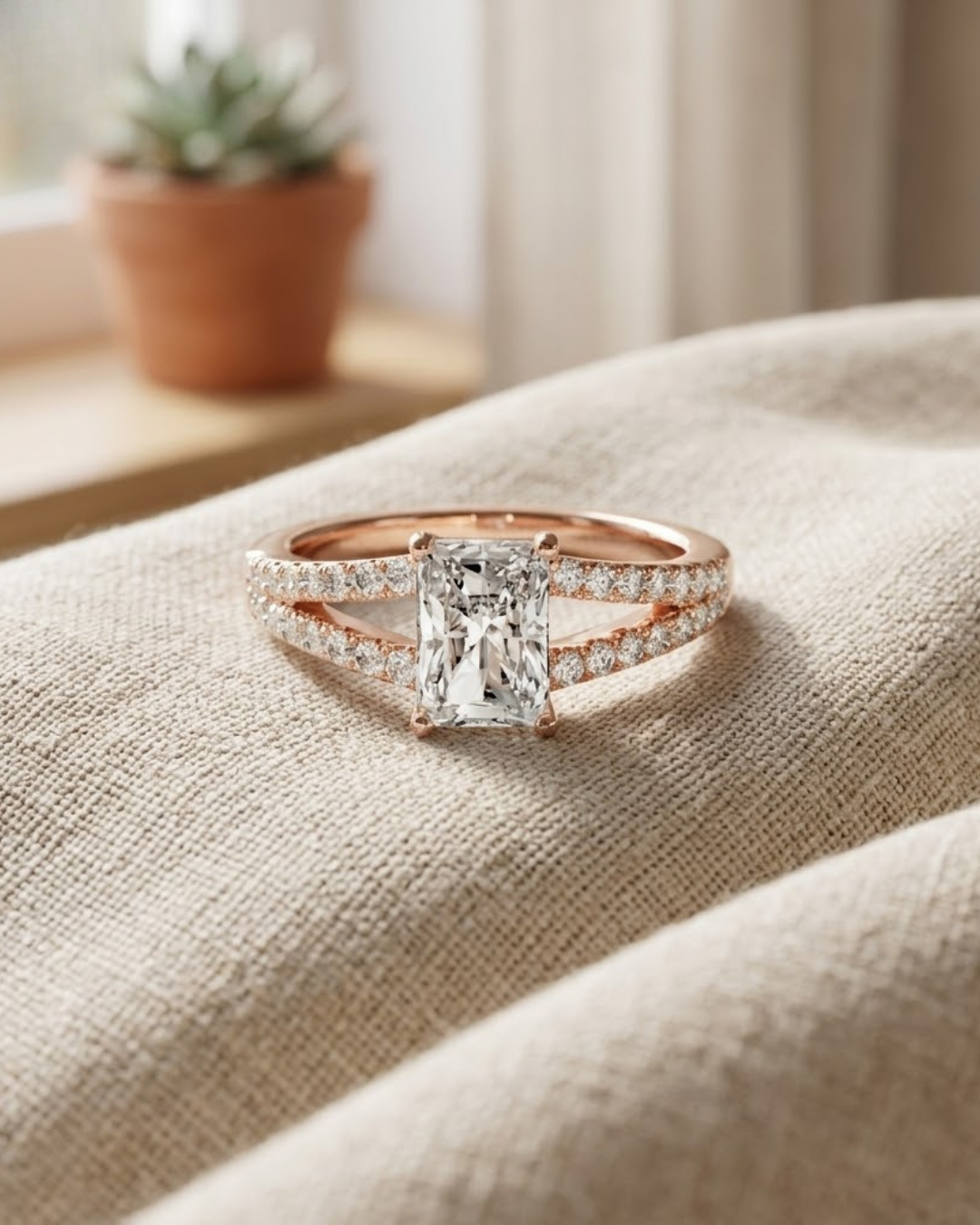 Kiashaa Jewellery radiant lab-grown diamond ring featuring a four-prong center and diamond split-shank design.