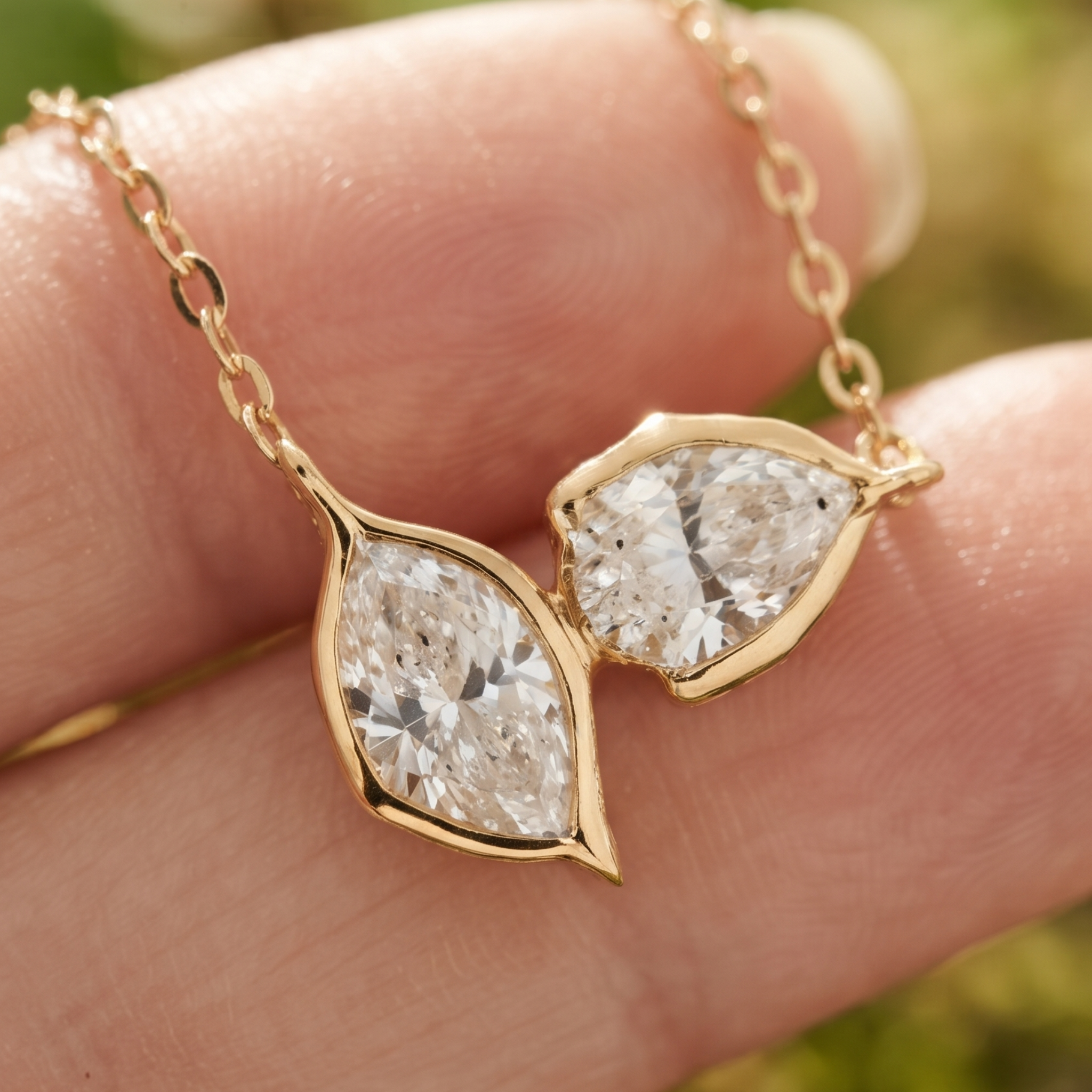 A close-up of a gold necklace with two marquise-cut clear gemstones in gold settings, held on a person's fingers against a blurred green background.