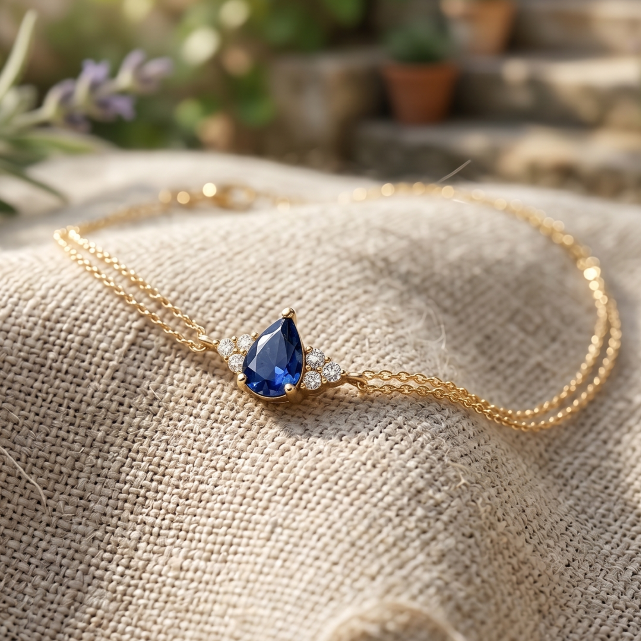 A delicate gold chain necklace with a teardrop-shaped blue gemstone pendant and small clear accent stones, displayed on a textured beige fabric with a softly blurred outdoor garden background.