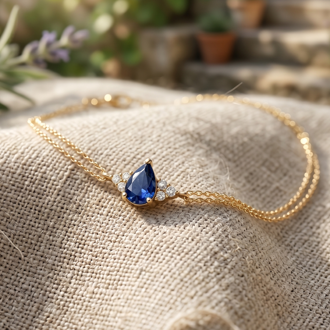 A delicate gold chain necklace with a teardrop-shaped blue gemstone pendant and small clear accent stones, displayed on a textured beige fabric with a softly blurred outdoor garden background.
