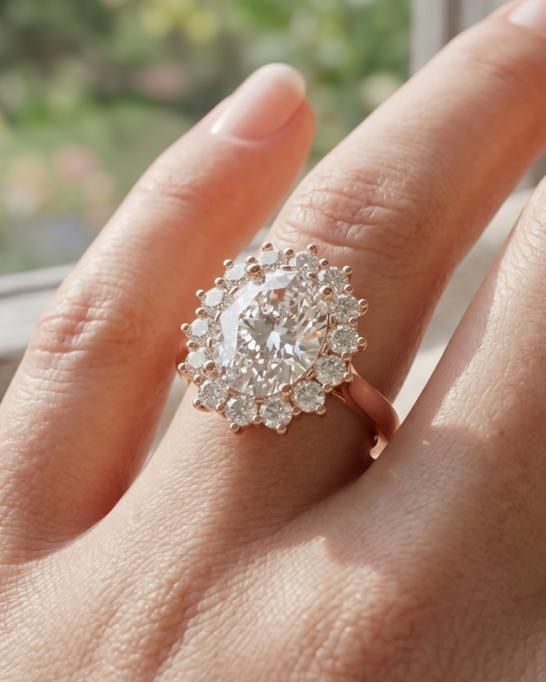 Kiashaa Jewellery oval-cut lab-grown diamond ring in rose gold with a prong-set center and round diamond halo.