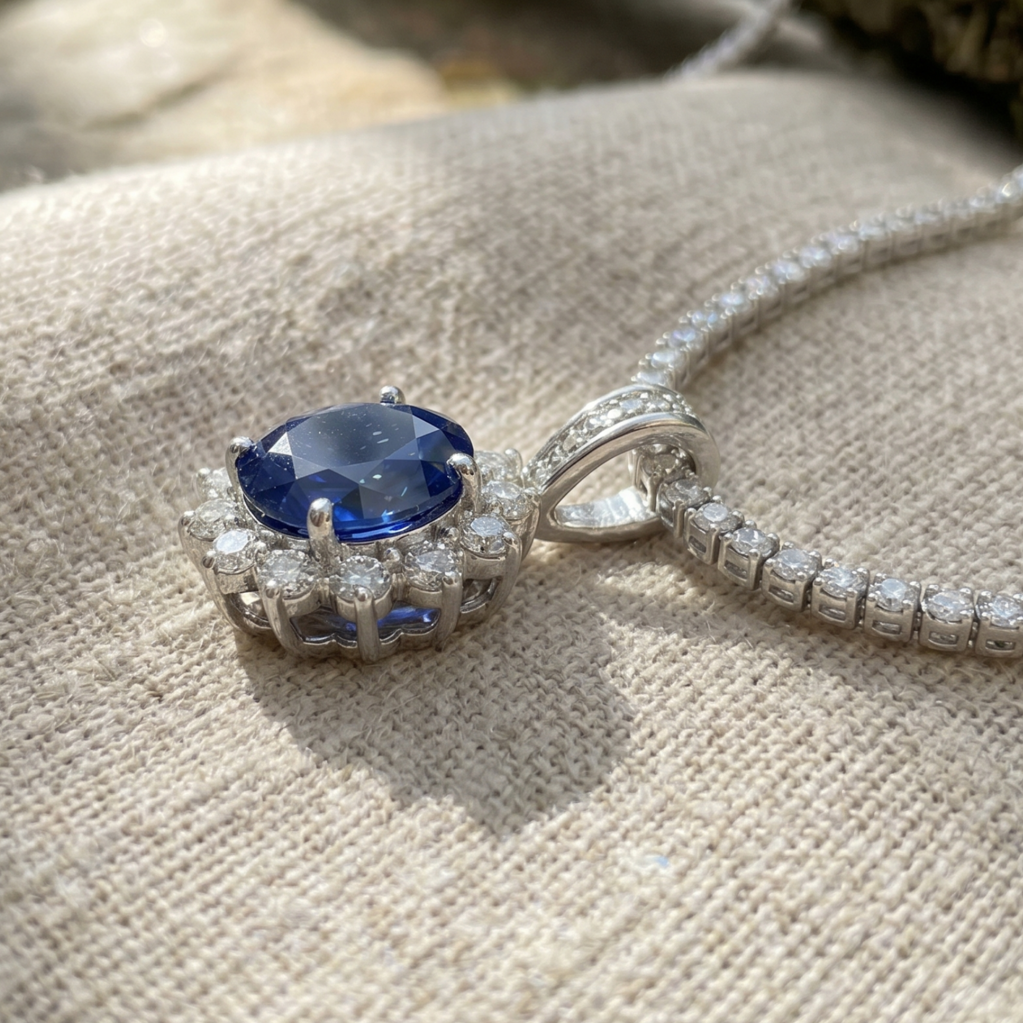 Royal Bloom 5 CT Blue Center Stone & Diamond Halo Pendant Necklace