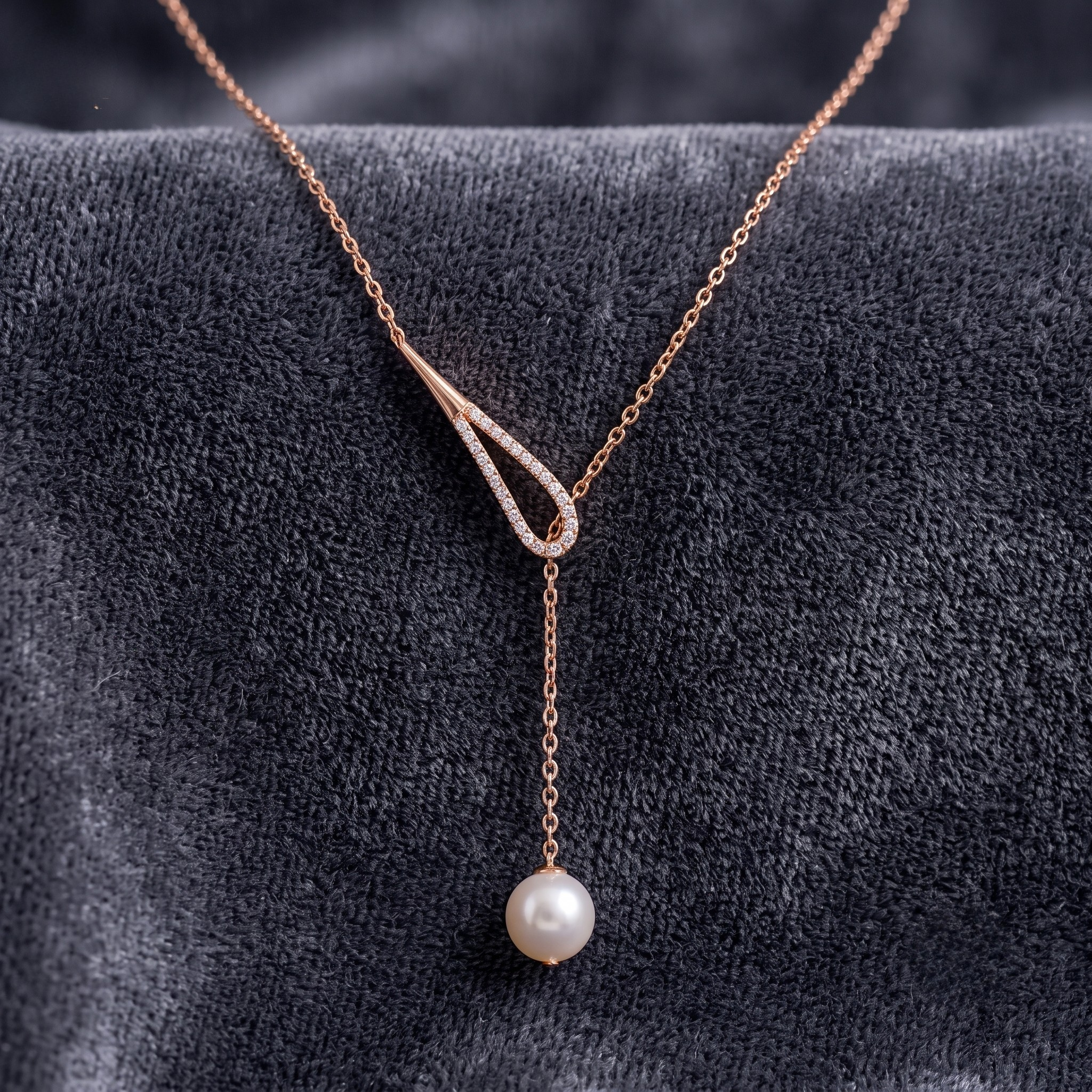 A rose gold Y-shaped necklace with a small diamond-accented loop and a dangling pearl, displayed on a dark textured velvet surface.