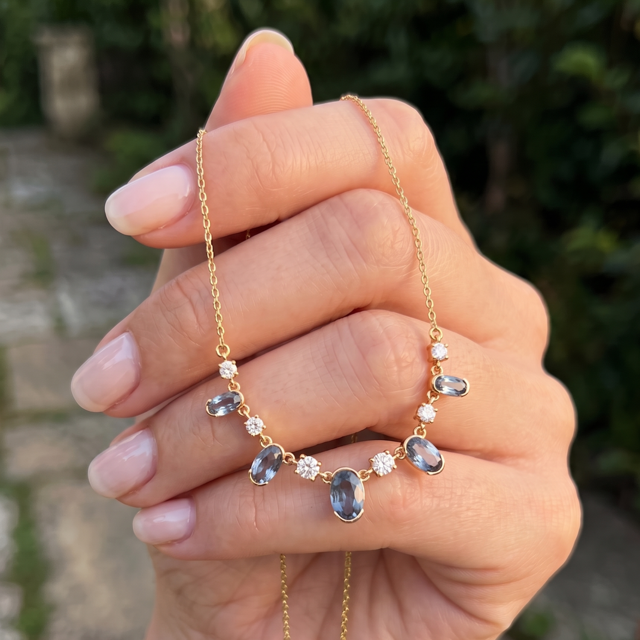 4.20 CTW oval and round diamond station necklace in polished yellow gold.