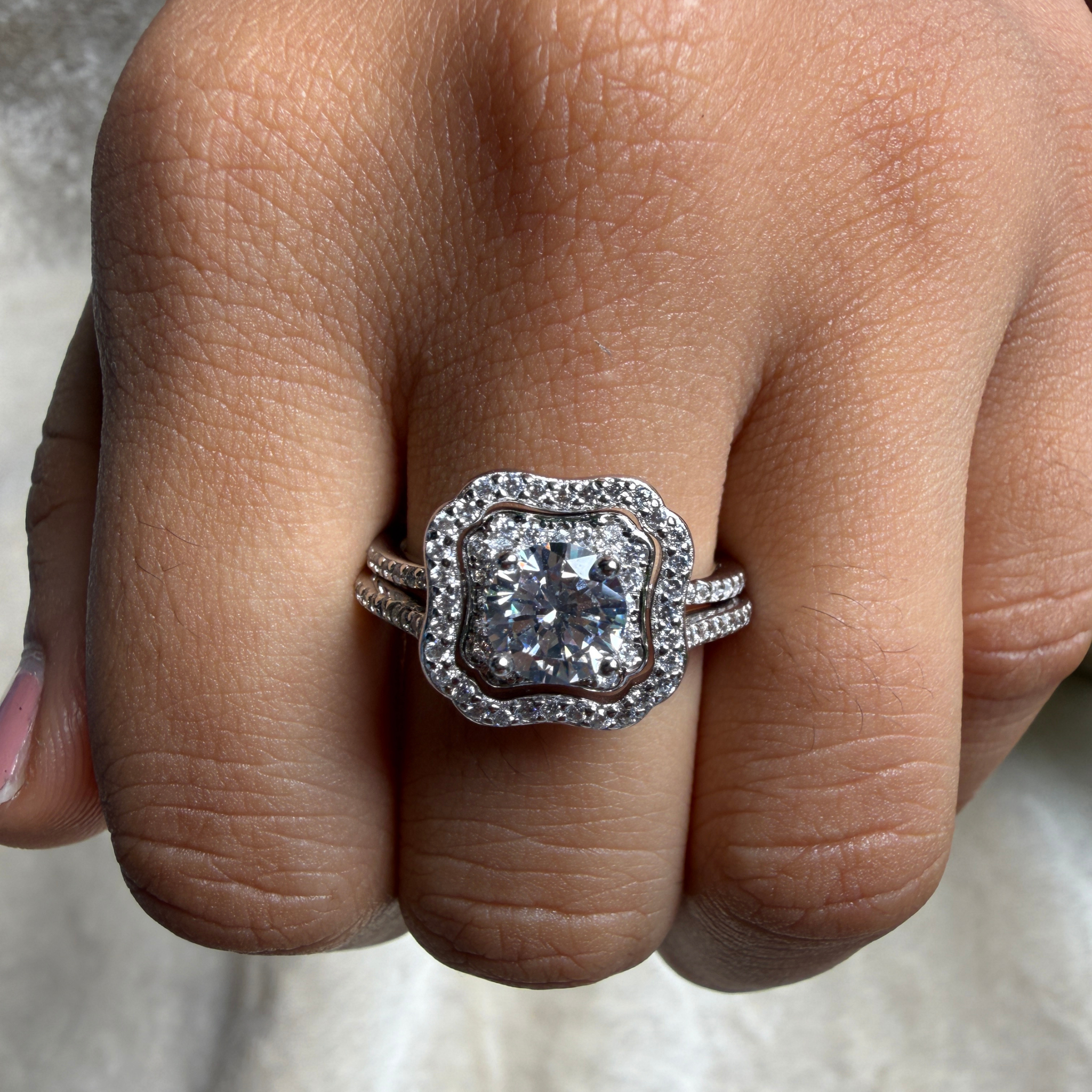 Round halo lab-grown diamond engagement ring in white gold by Kiashaa Jewellery.