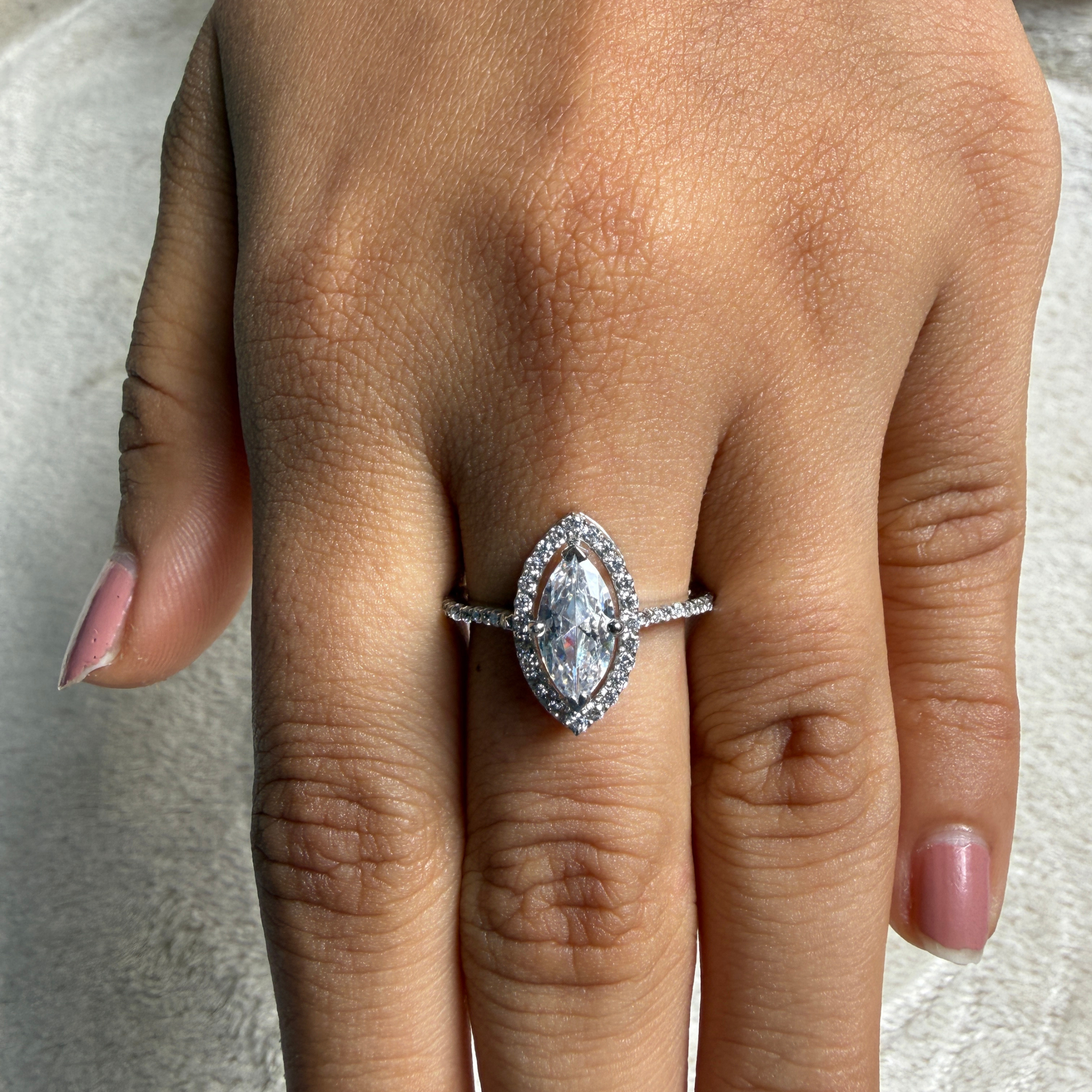 Marquise halo lab-grown diamond engagement ring in white gold by Kiashaa Jewellery.