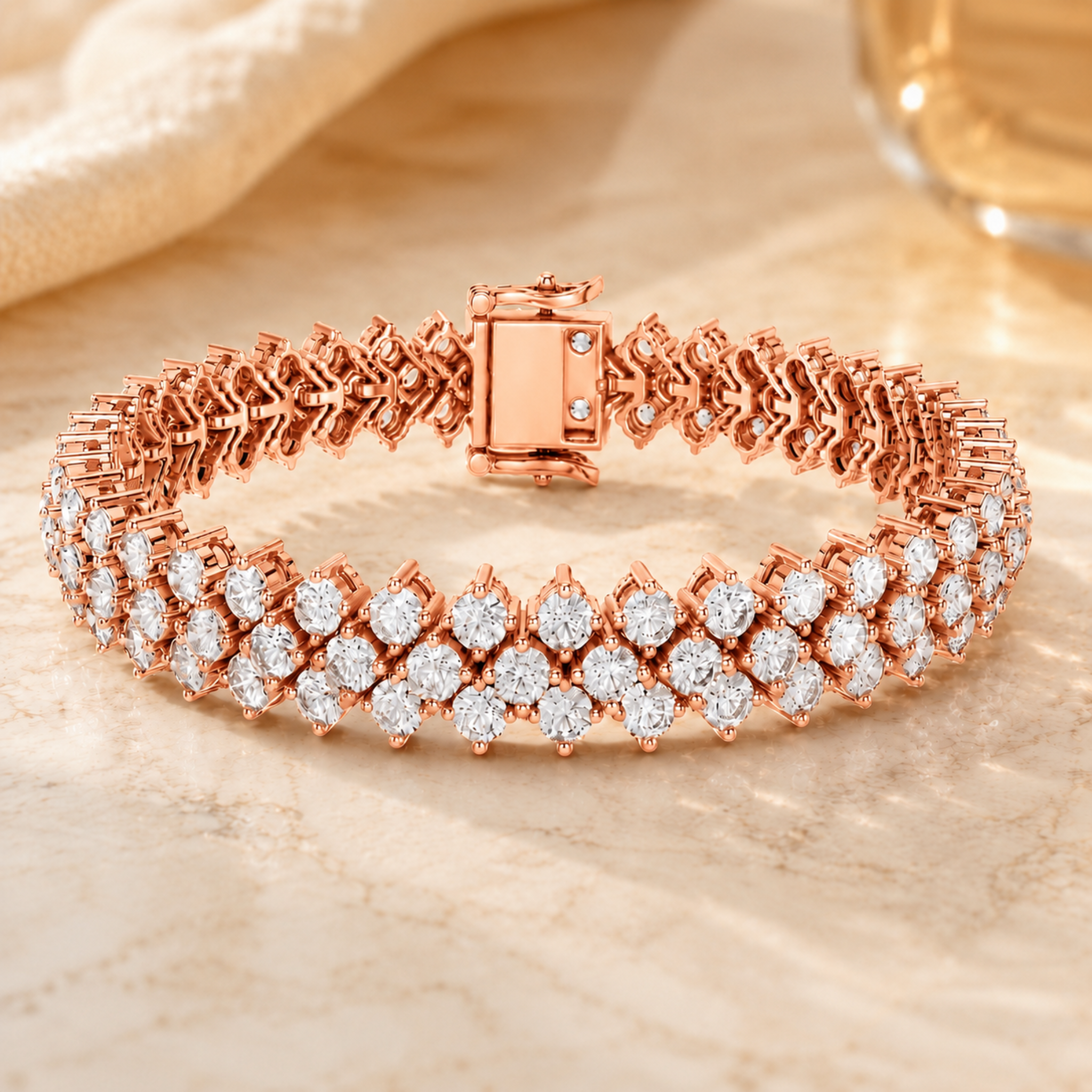 A rose gold tennis bracelet with pavé-set clear stones, displayed on a light beige marble surface with a soft beige fabric and glass in the background.