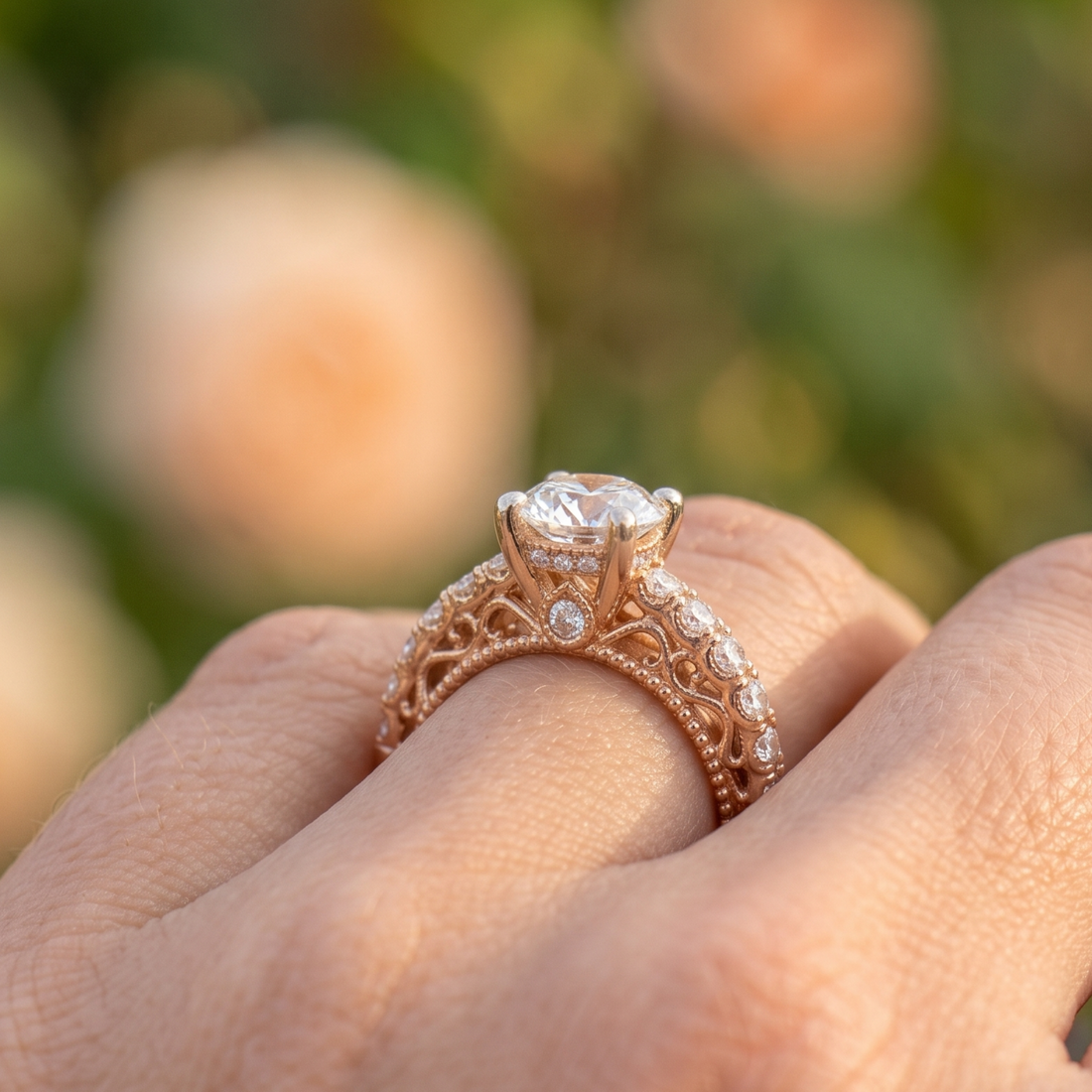 Kiashaa Jewellery 2.524 CTW vintage round diamond engagement ring in polished rose gold.