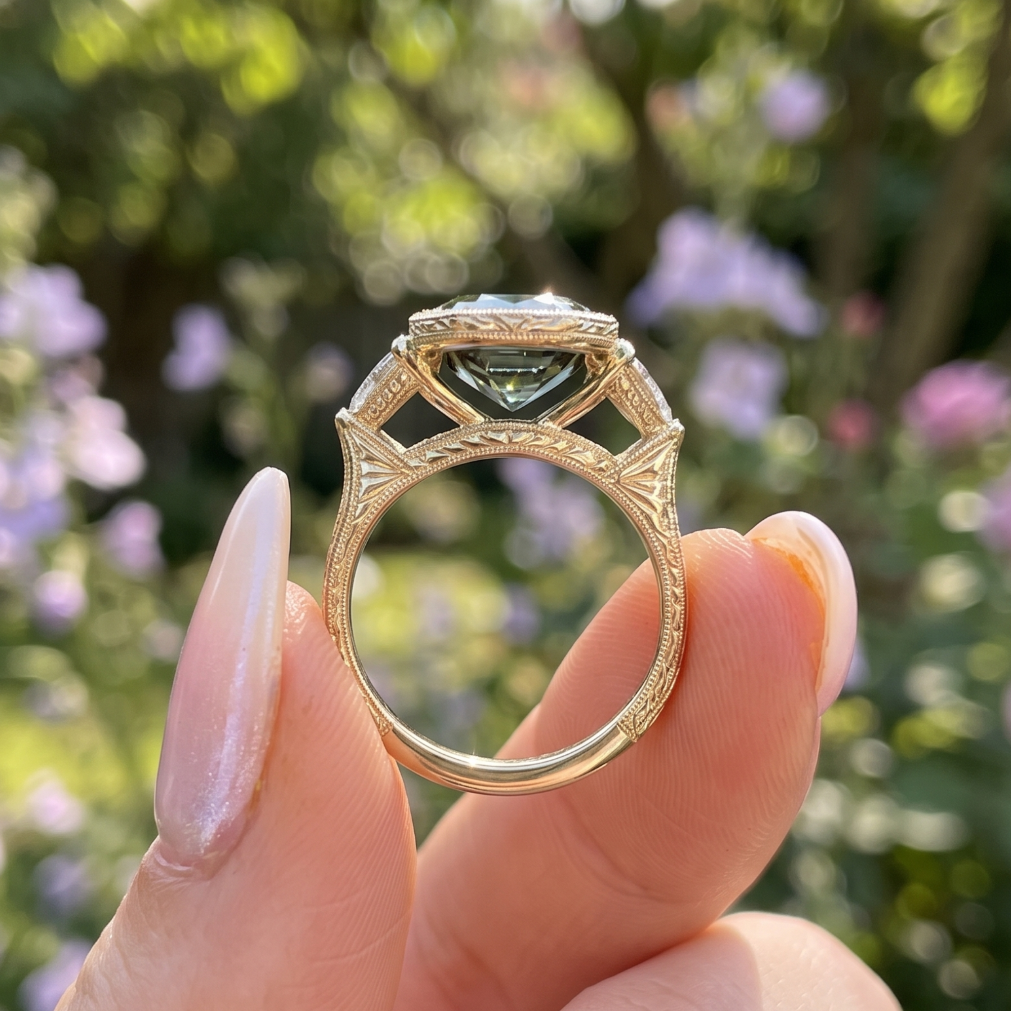 A gold ring with a marquise-cut green gemstone held between fingers, set against a blurred outdoor background of green foliage and light purple flowers.