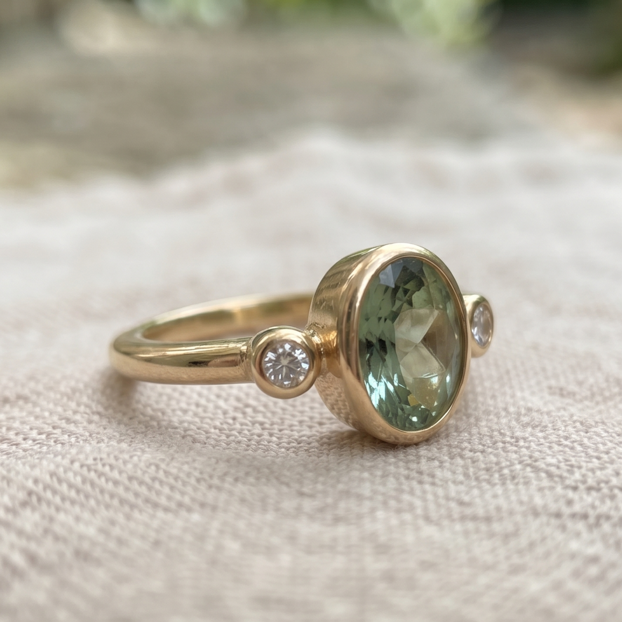 Front view of a 2 CT oval green gemstone three-stone bezel ring in yellow gold.