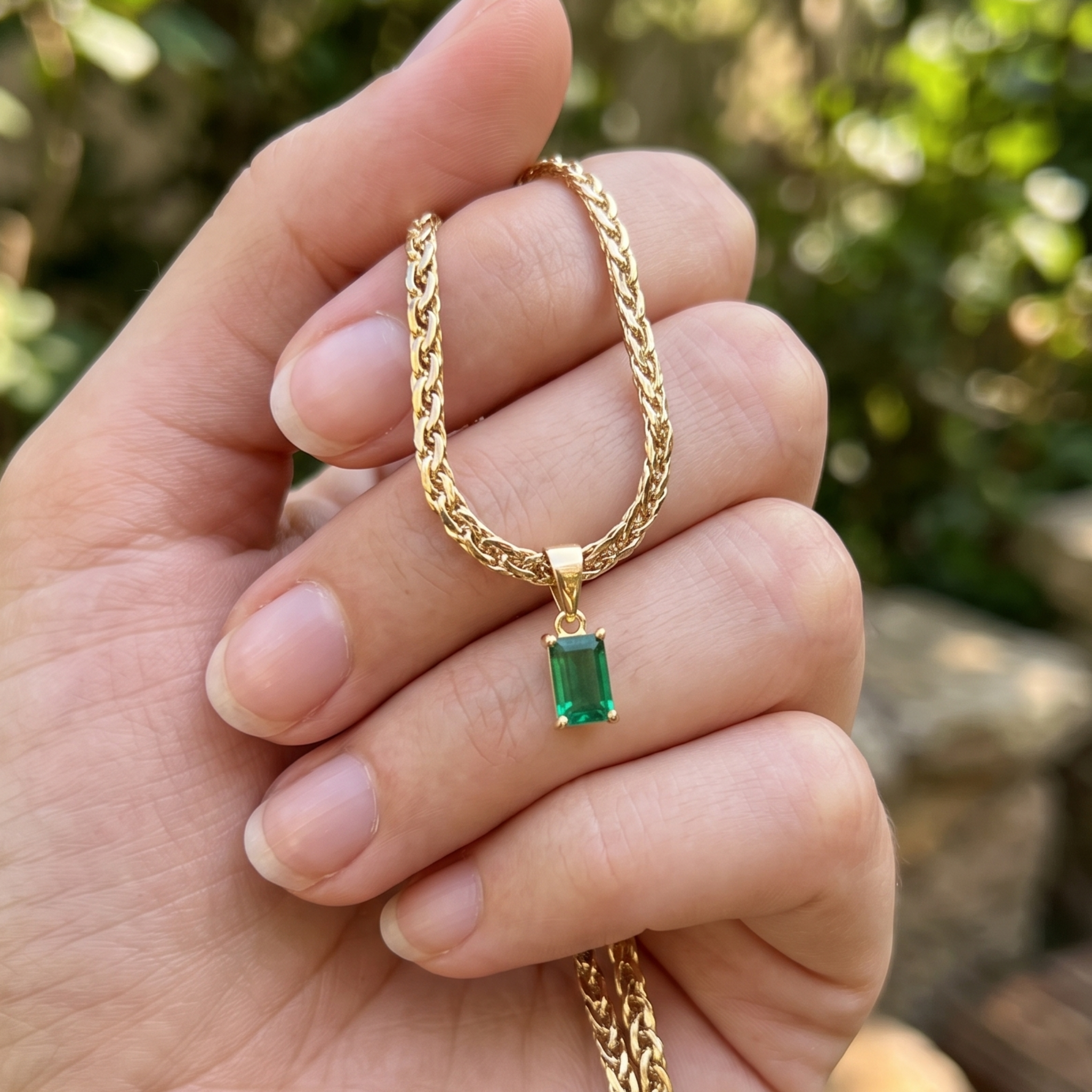 1.98 CT green emerald-cut pendant necklace in polished yellow gold.