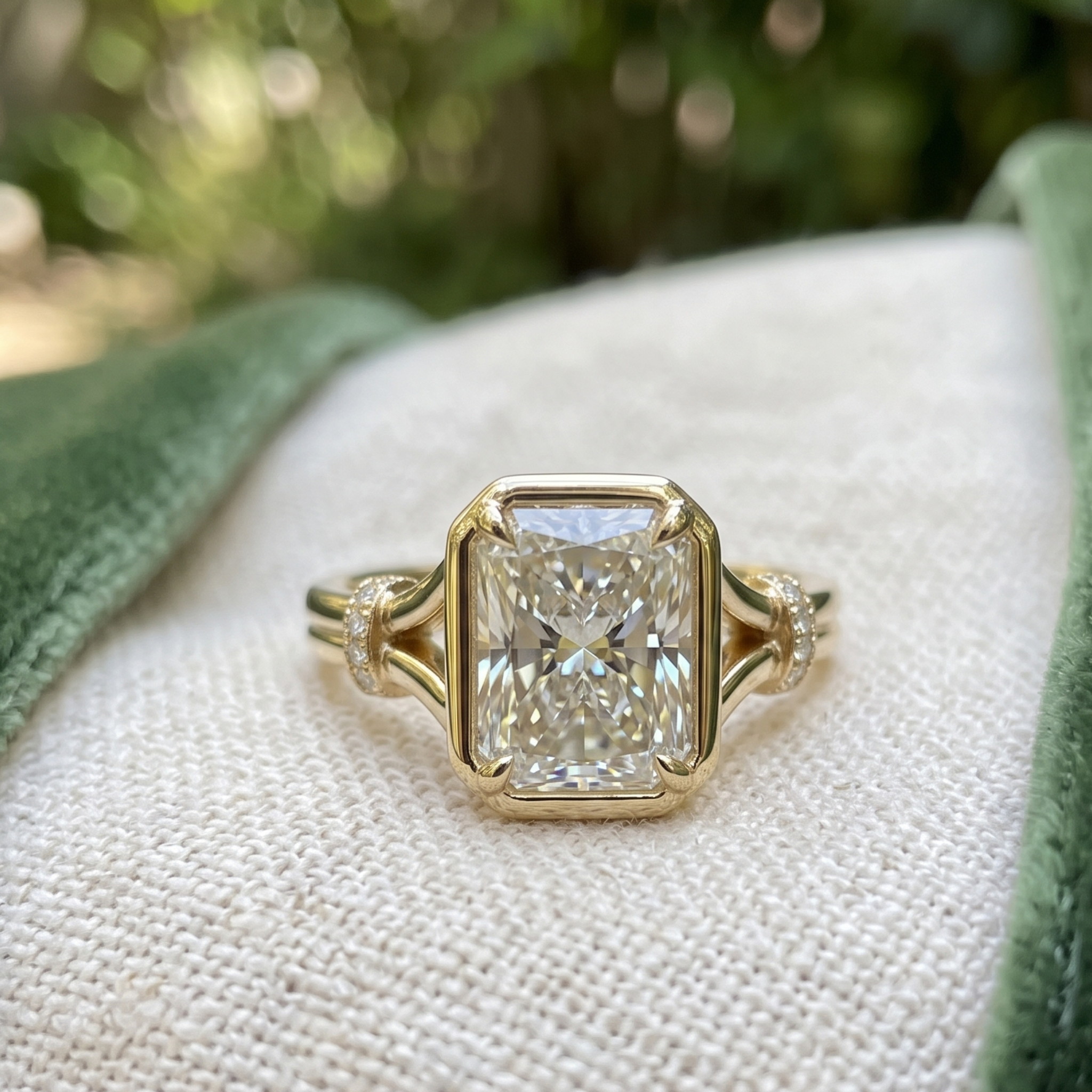 Regal Arc 2.12 CTW radiant diamond ring by Kiashaa Jewellery in polished yellow gold.