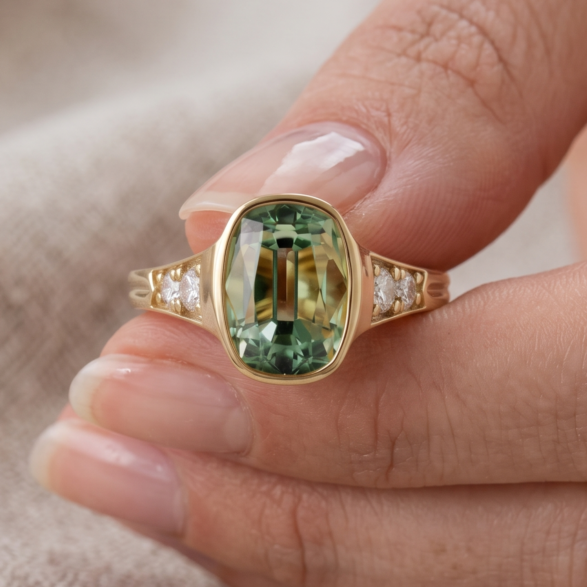 10 × 8 mm green cushion gemstone ring with round diamond shoulders