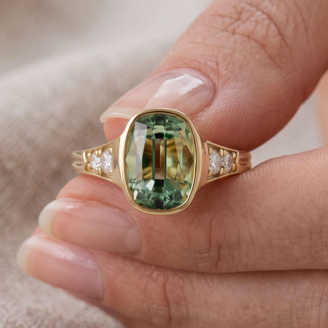 10 × 8 mm green cushion gemstone ring with round diamond shoulders