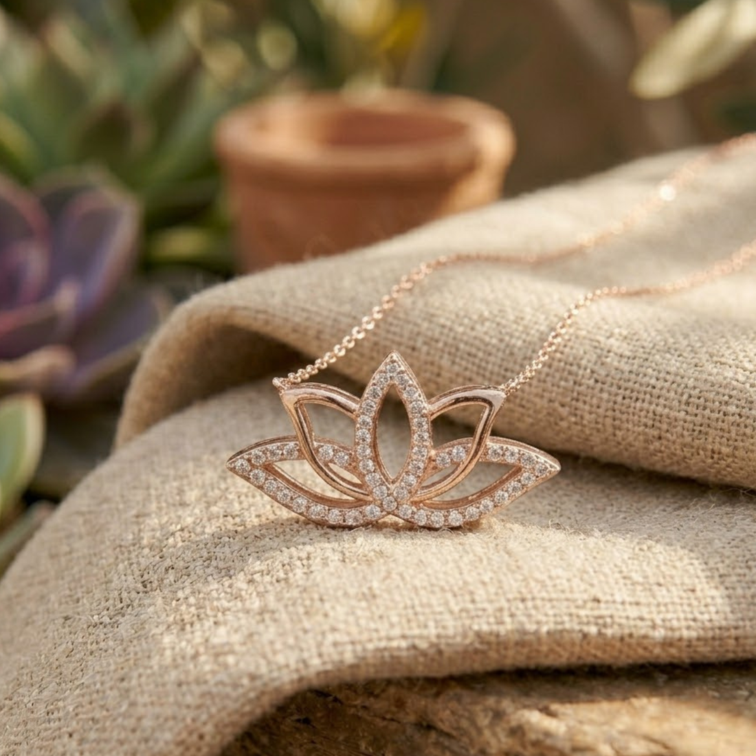 A rose gold lotus-shaped pendant necklace with clear pavé stones, resting on a textured beige burlap fabric with a blurred natural background.