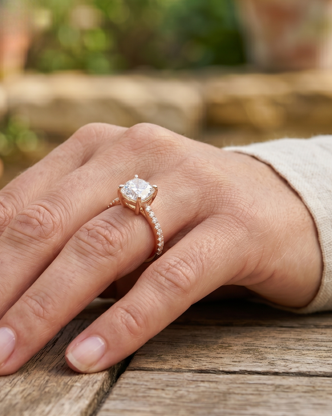 Cushion-cut diamond ring with sparkling round side stones in rose gold.