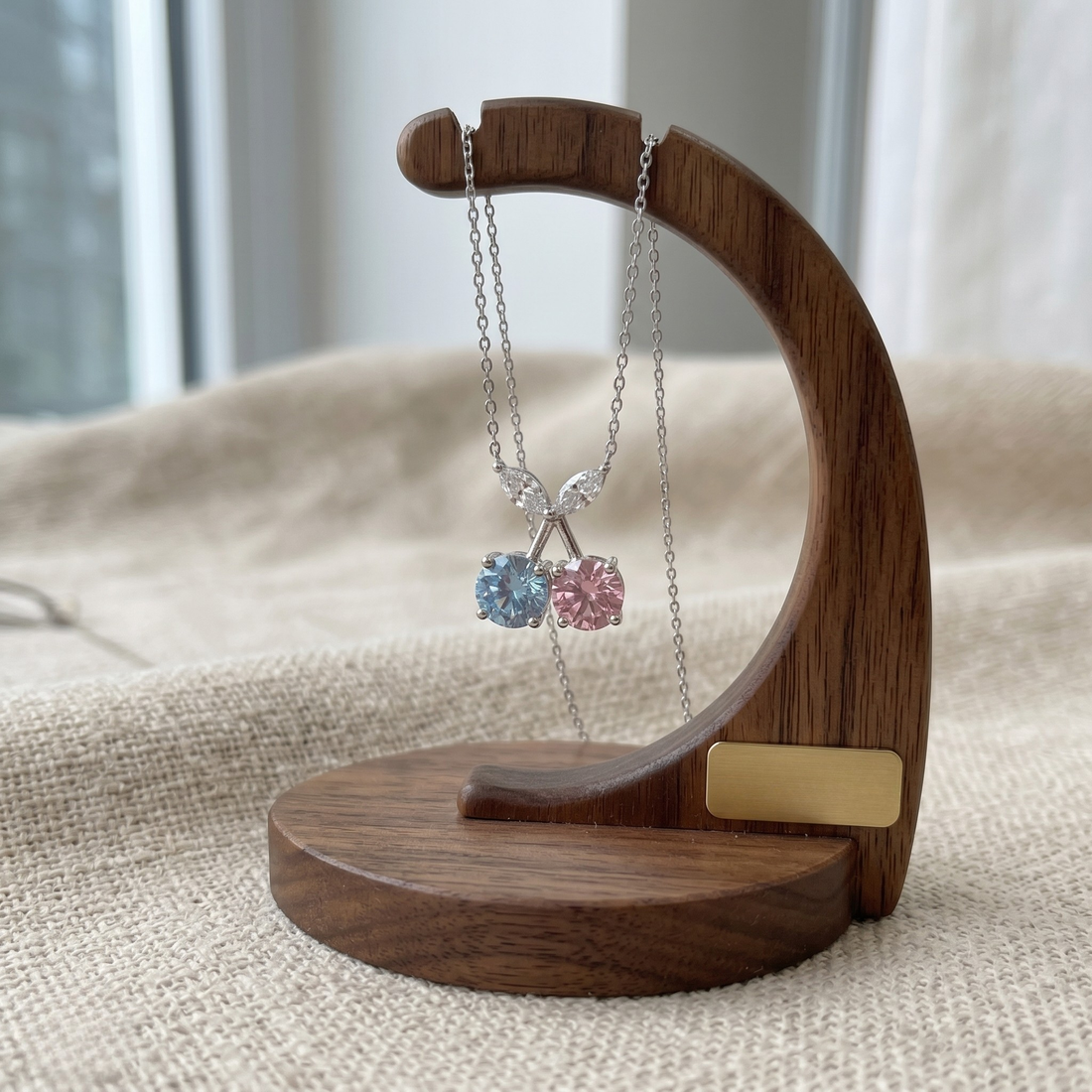 Blue and pink gemstone cherry pendant necklace with marquise lab-grown diamonds by Kiashaa Jewellery.